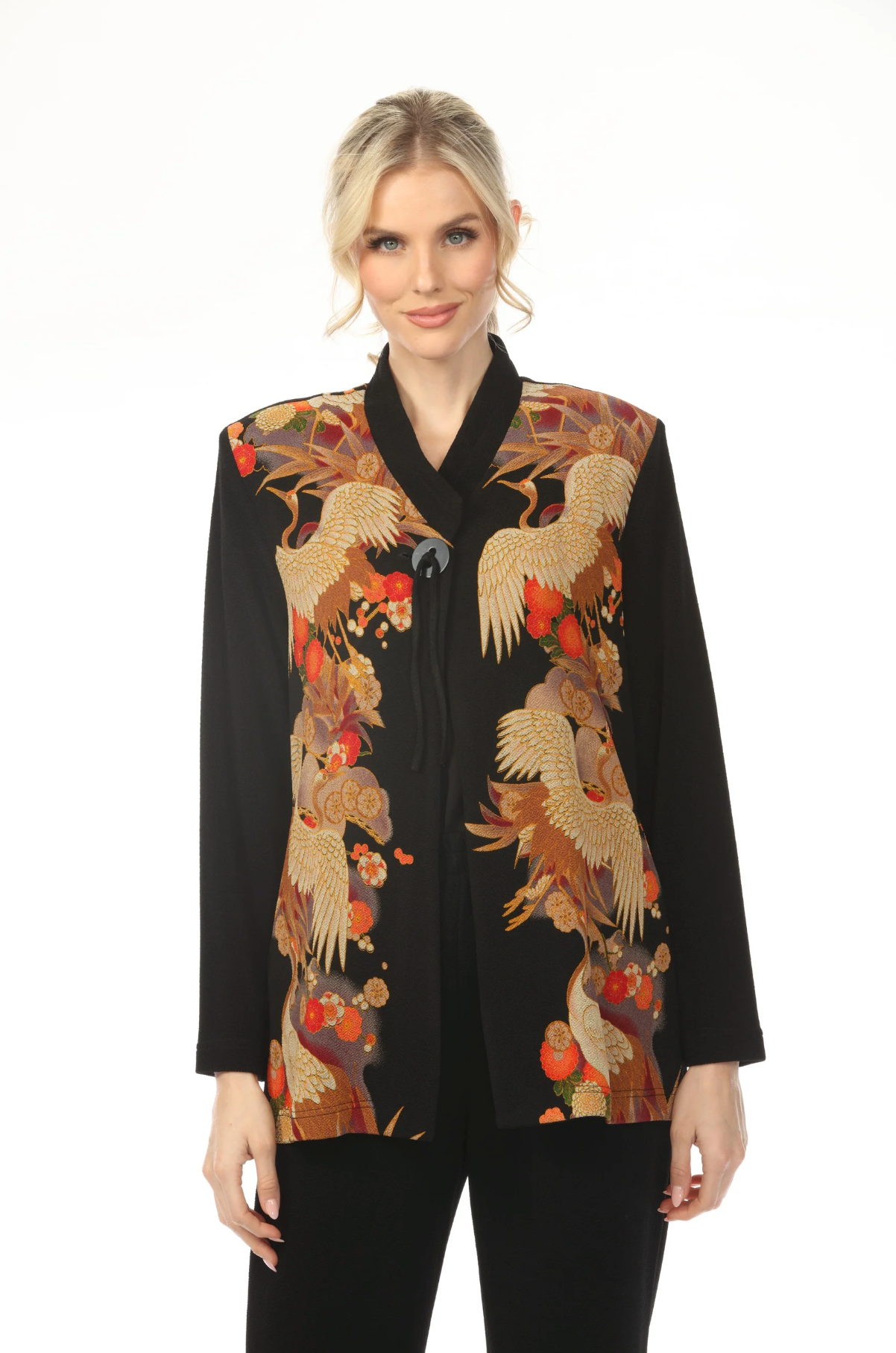 MOONLIGHT Button Closure Crane & Floral Print Top - 3015 - RED CRANE