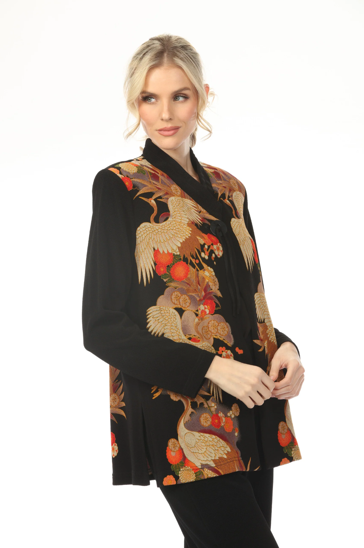 MOONLIGHT Button Closure Crane & Floral Print Top - 3015 - RED CRANE