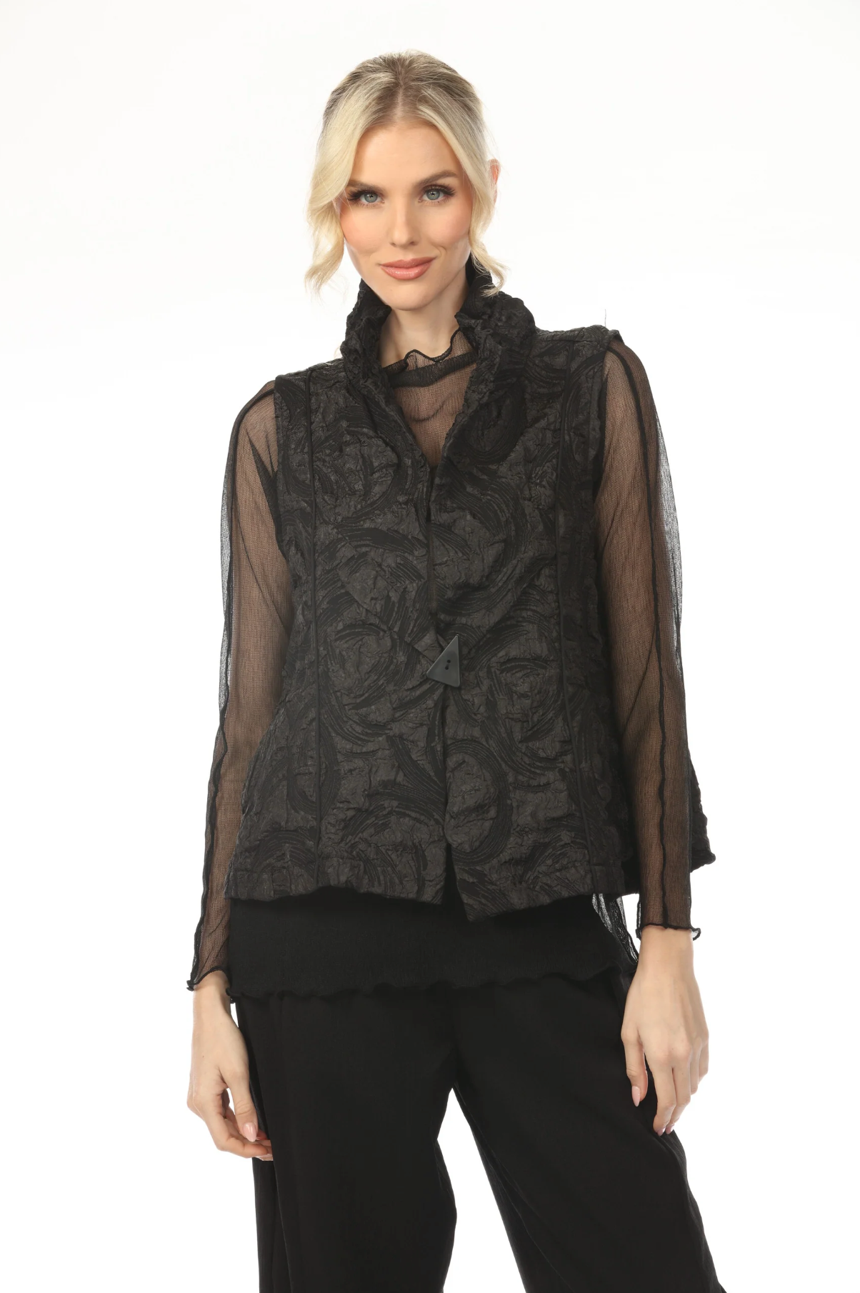 MOONLIGHT Button Closure Black Swirl Print Short Vest - WV2034 - BLACK