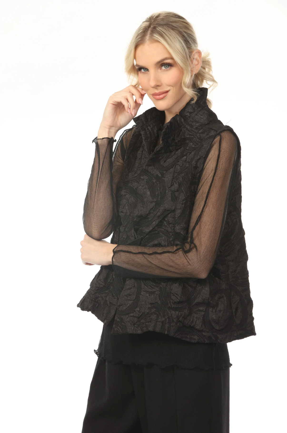 MOONLIGHT Button Closure Black Swirl Print Short Vest - WV2034 - BLACK