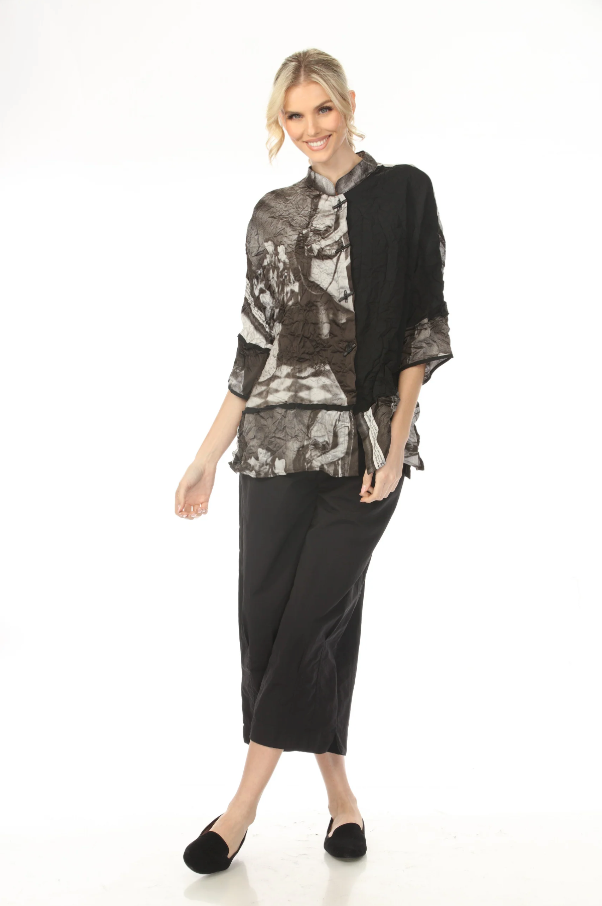 MOONLIGHT Button Down Photograph Print Top - 4268 - SILVER/BLACK