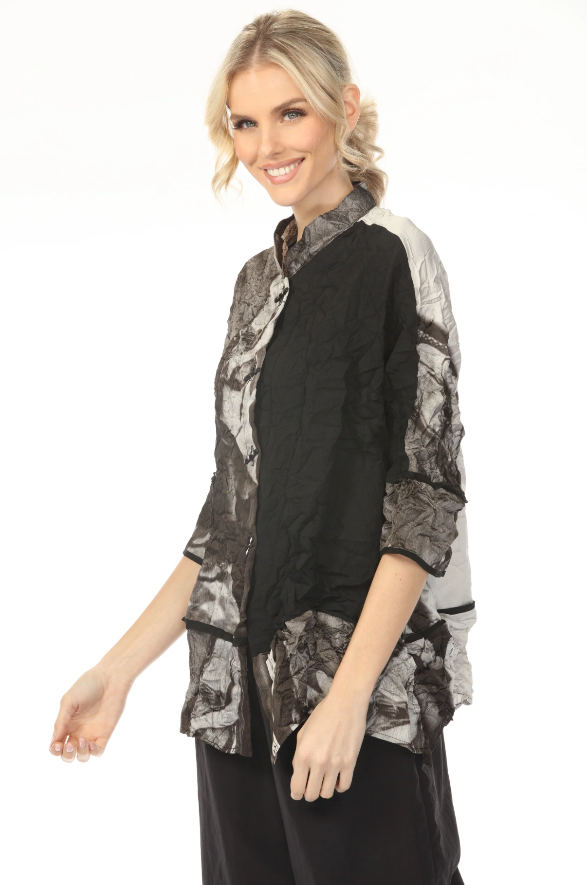 MOONLIGHT Button Down Photograph Print Top - 4268 - SILVER/BLACK