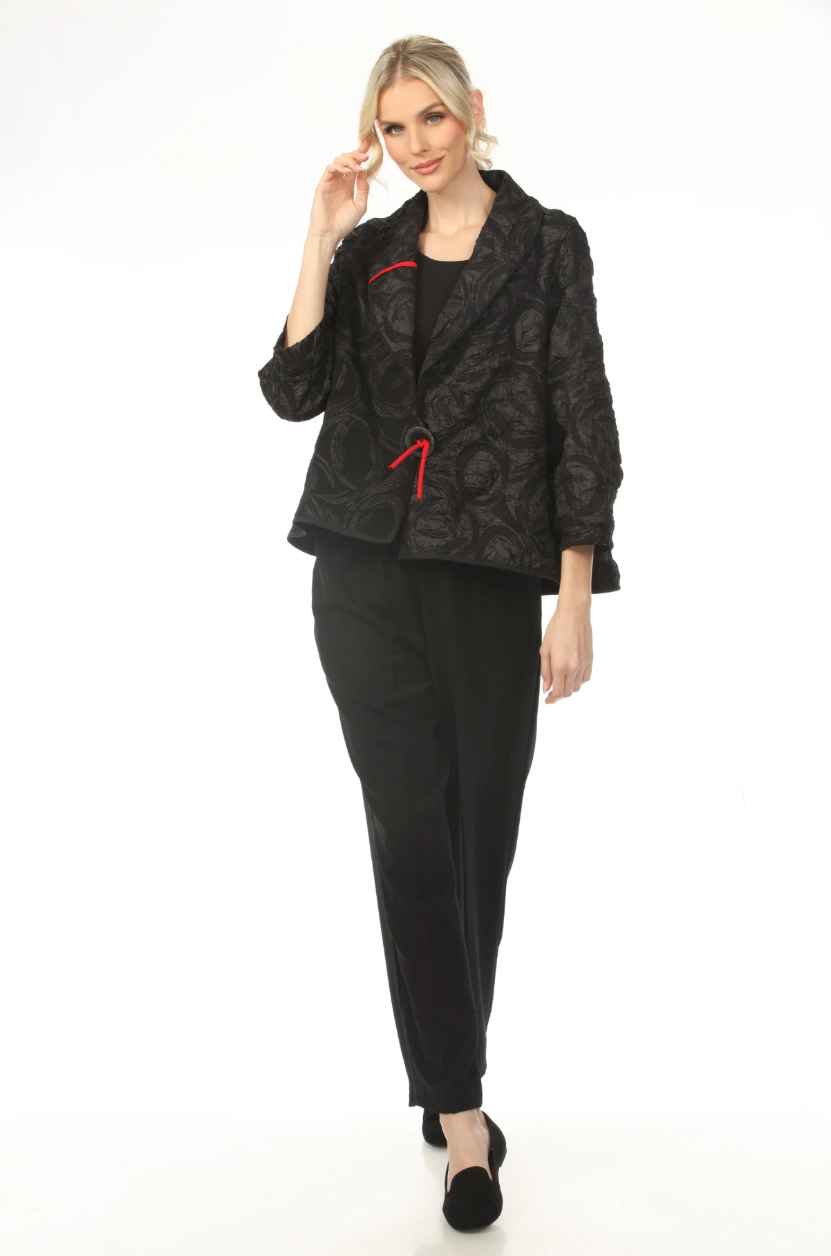 MOONLIGHT One Button Closure Artsy Black Swirl Pattern Red Accent Jacket - 4207
