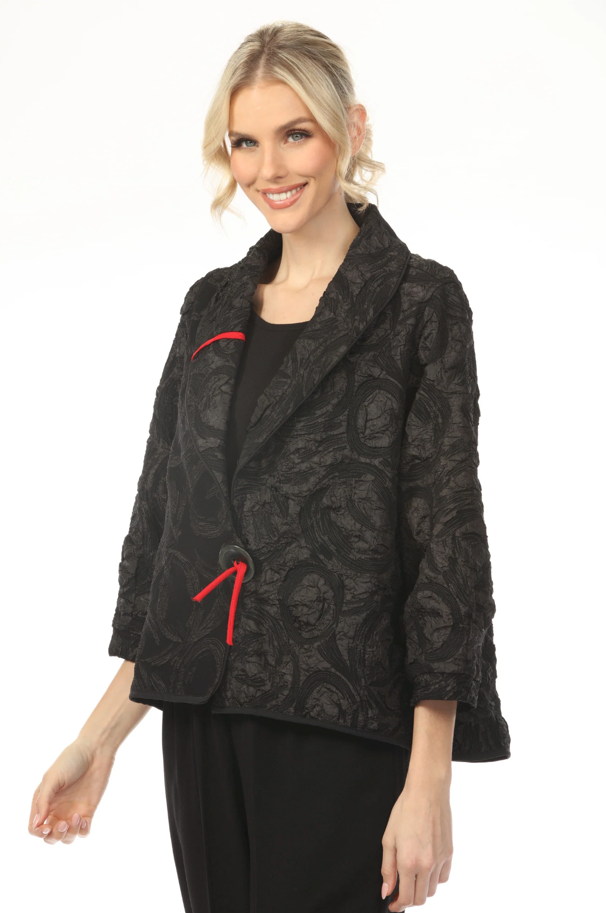MOONLIGHT One Button Closure Artsy Black Swirl Pattern Red Accent Jacket - 4207