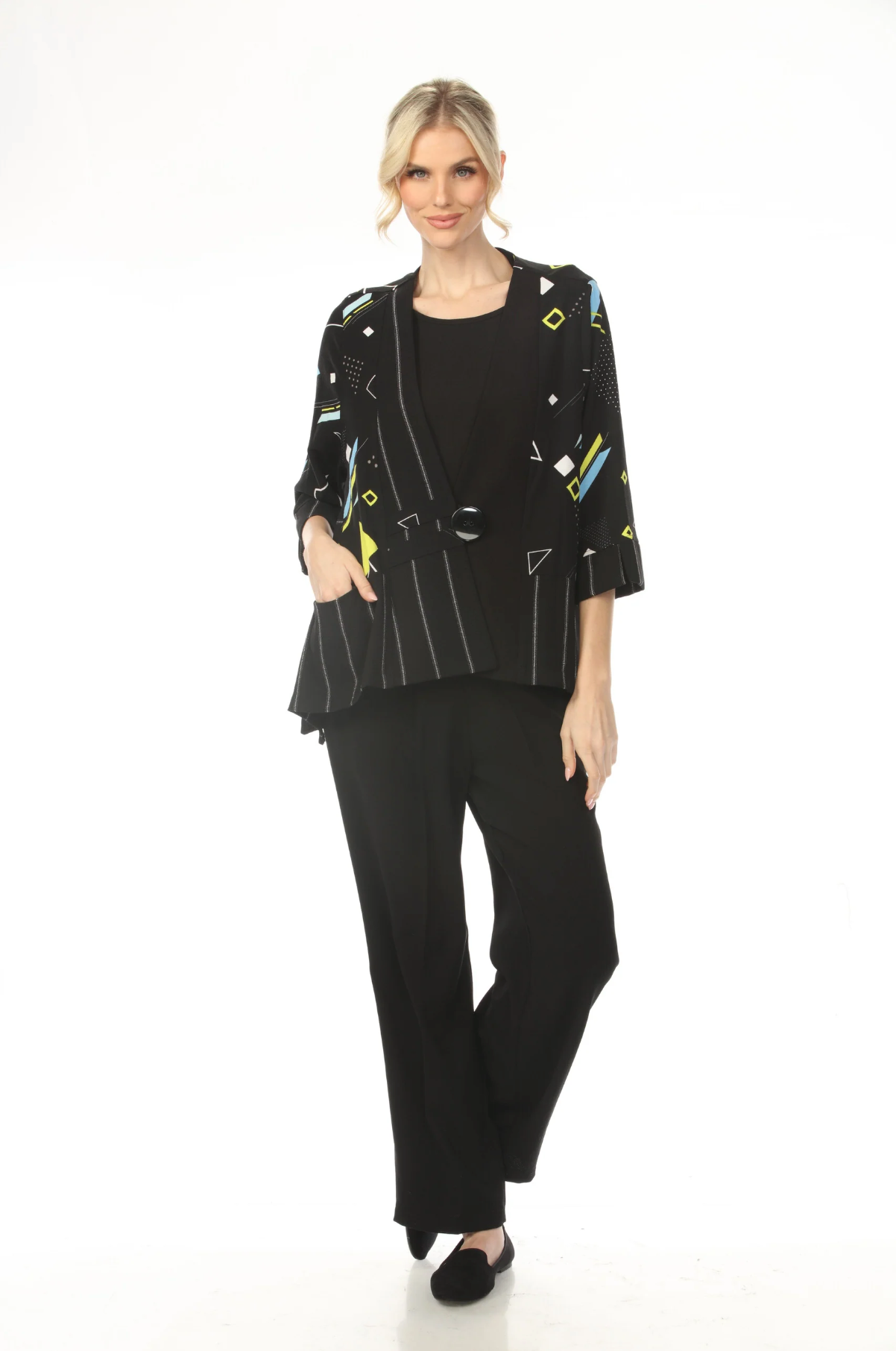 MOONLIGHT One Button Closure Black Graphic Accent Print Jacket - 3923