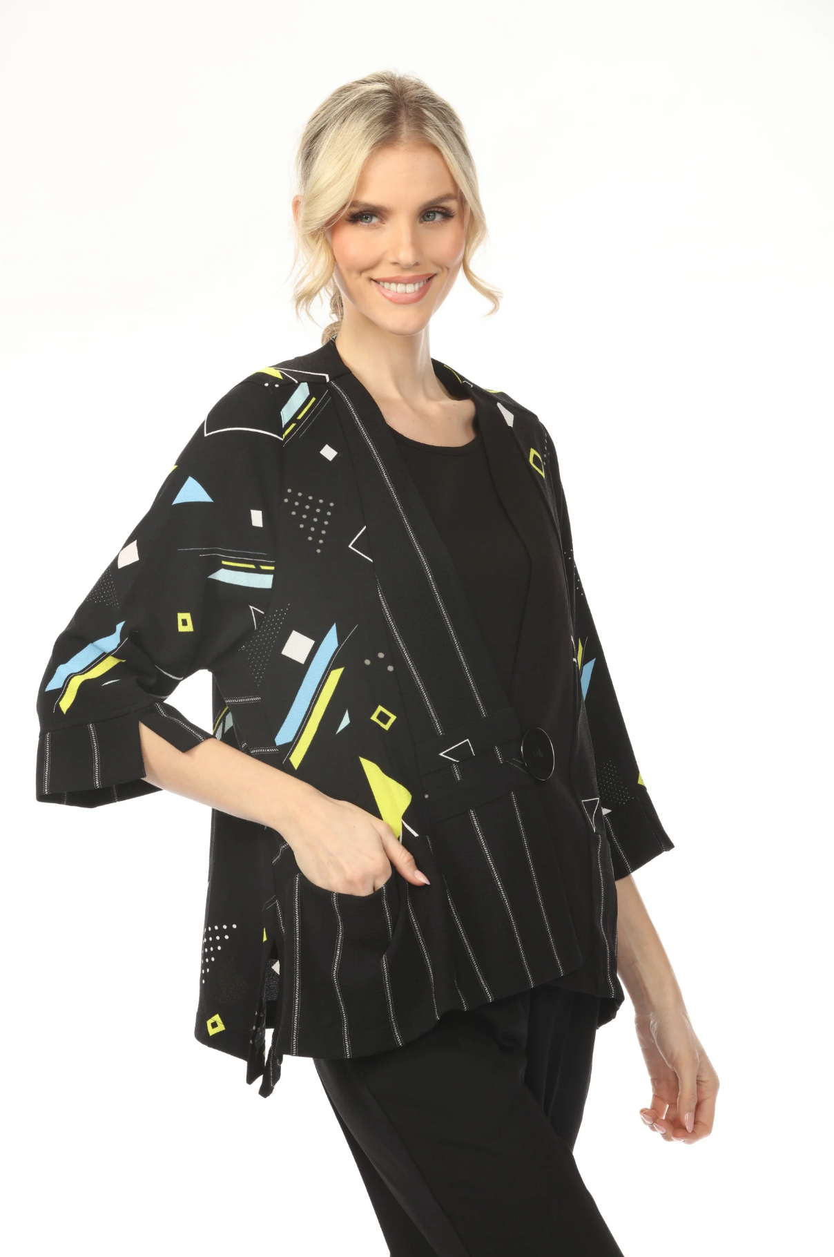 MOONLIGHT One Button Closure Black Graphic Accent Print Jacket - 3923