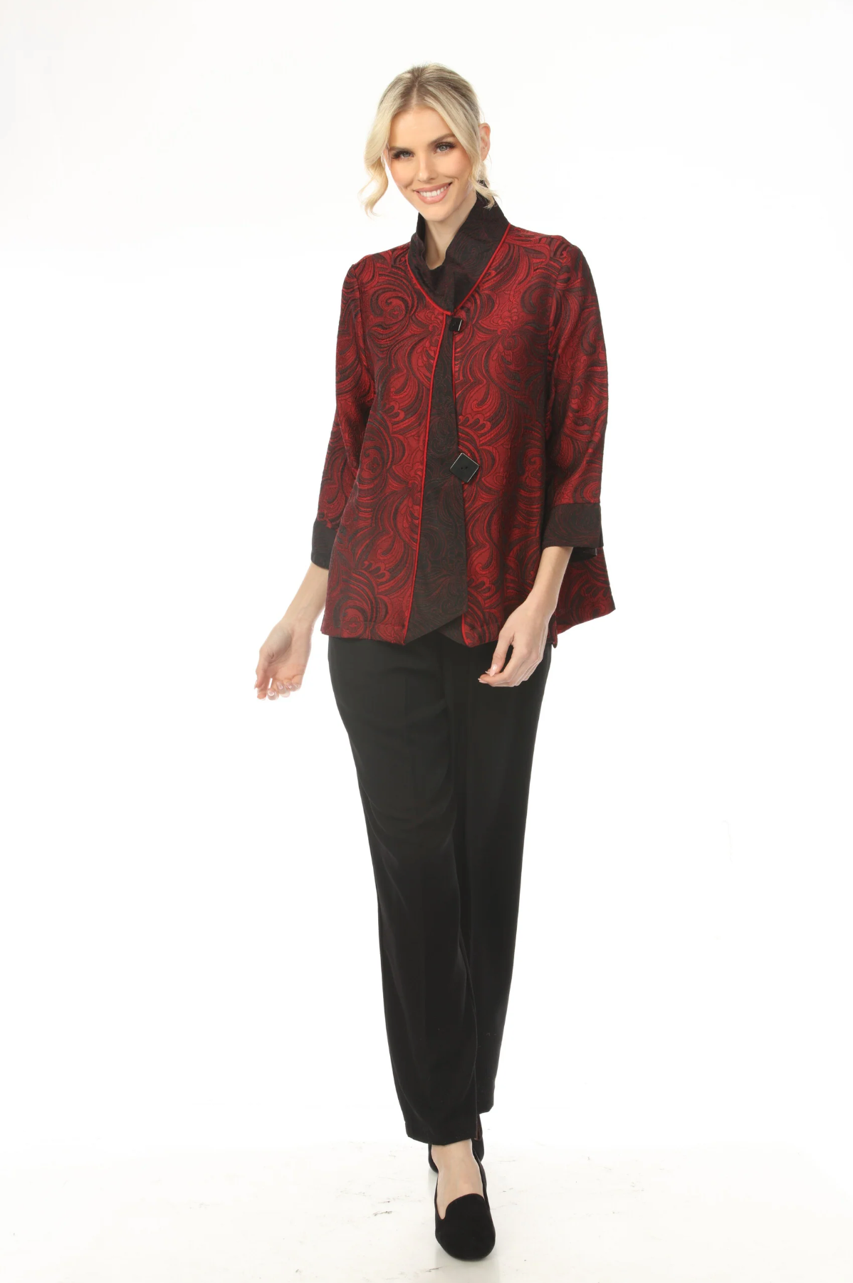 MOONLIGHT Two Button Elegant Swirl Pattern Jacket - 2324 - RED/BLACK
