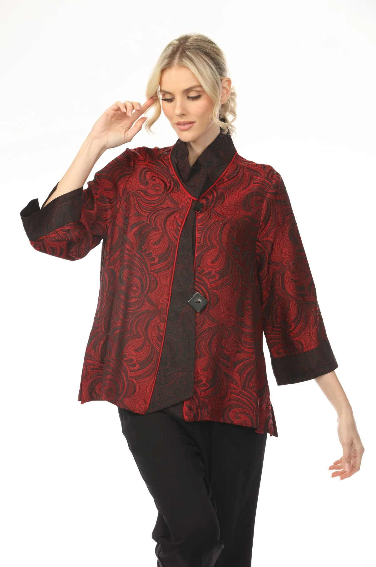 MOONLIGHT Two Button Elegant Swirl Pattern Jacket - 2324 - RED/BLACK
