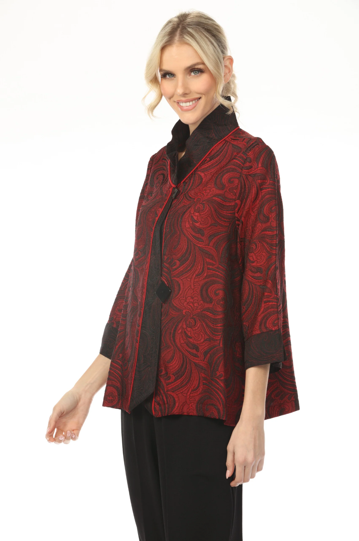 MOONLIGHT Two Button Elegant Swirl Pattern Jacket - 2324 - RED/BLACK