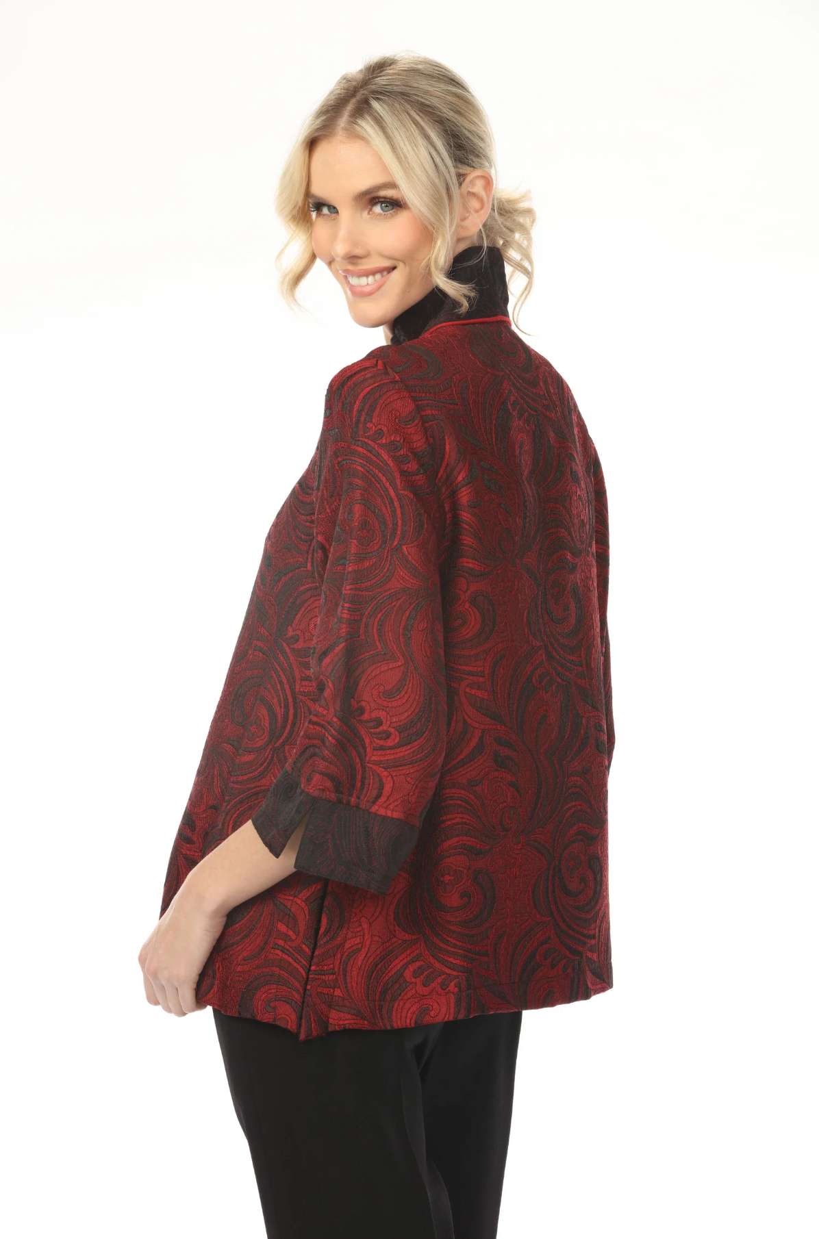 MOONLIGHT Two Button Elegant Swirl Pattern Jacket - 2324 - RED/BLACK