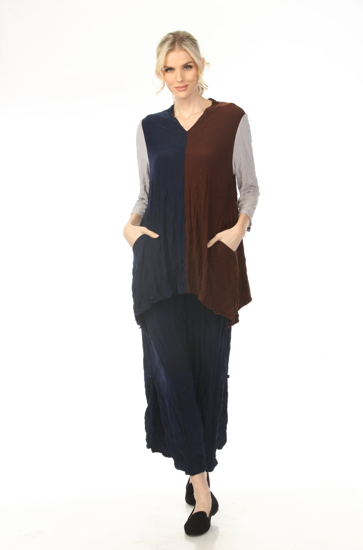 MOONLIGHT Split Colorblock Pocket V-Neck Top - 4282