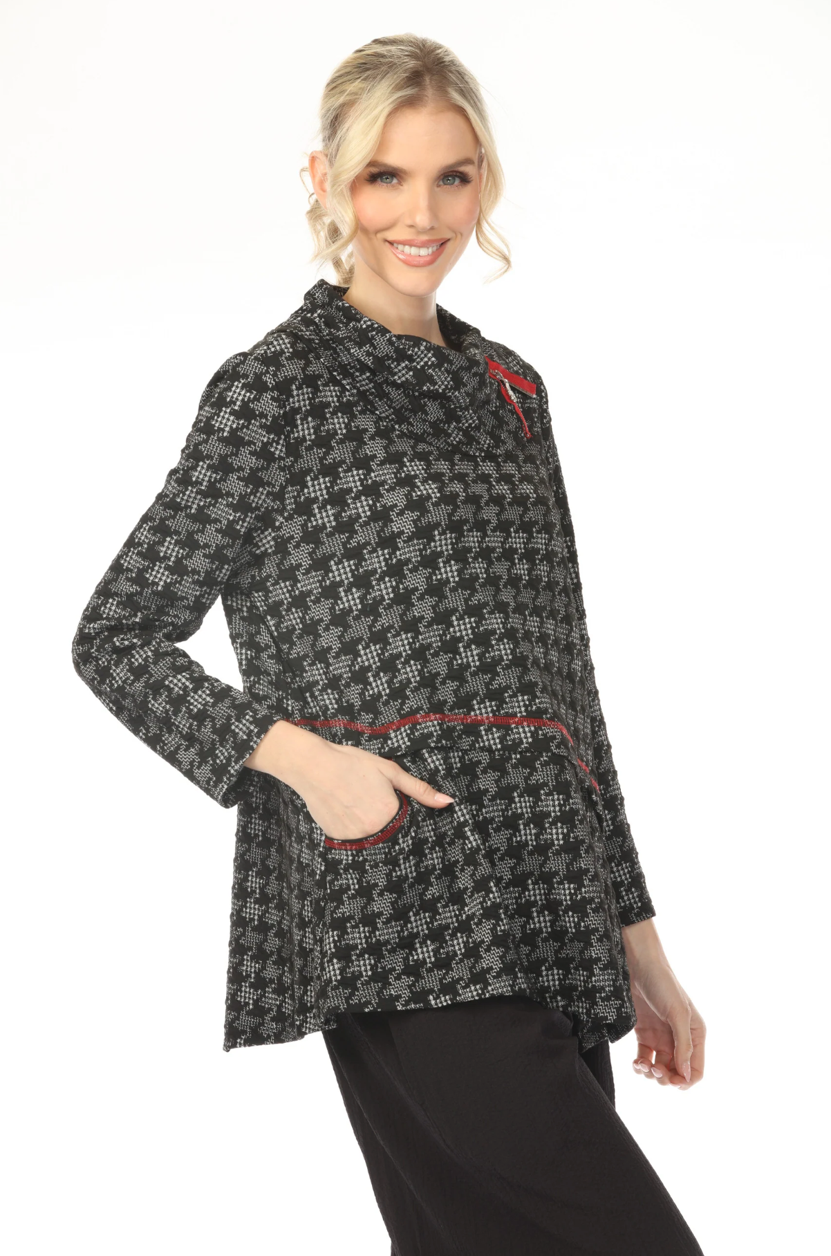 MOONLIGHT High Neck Gray & Black Houndstooth Print Top - 3588