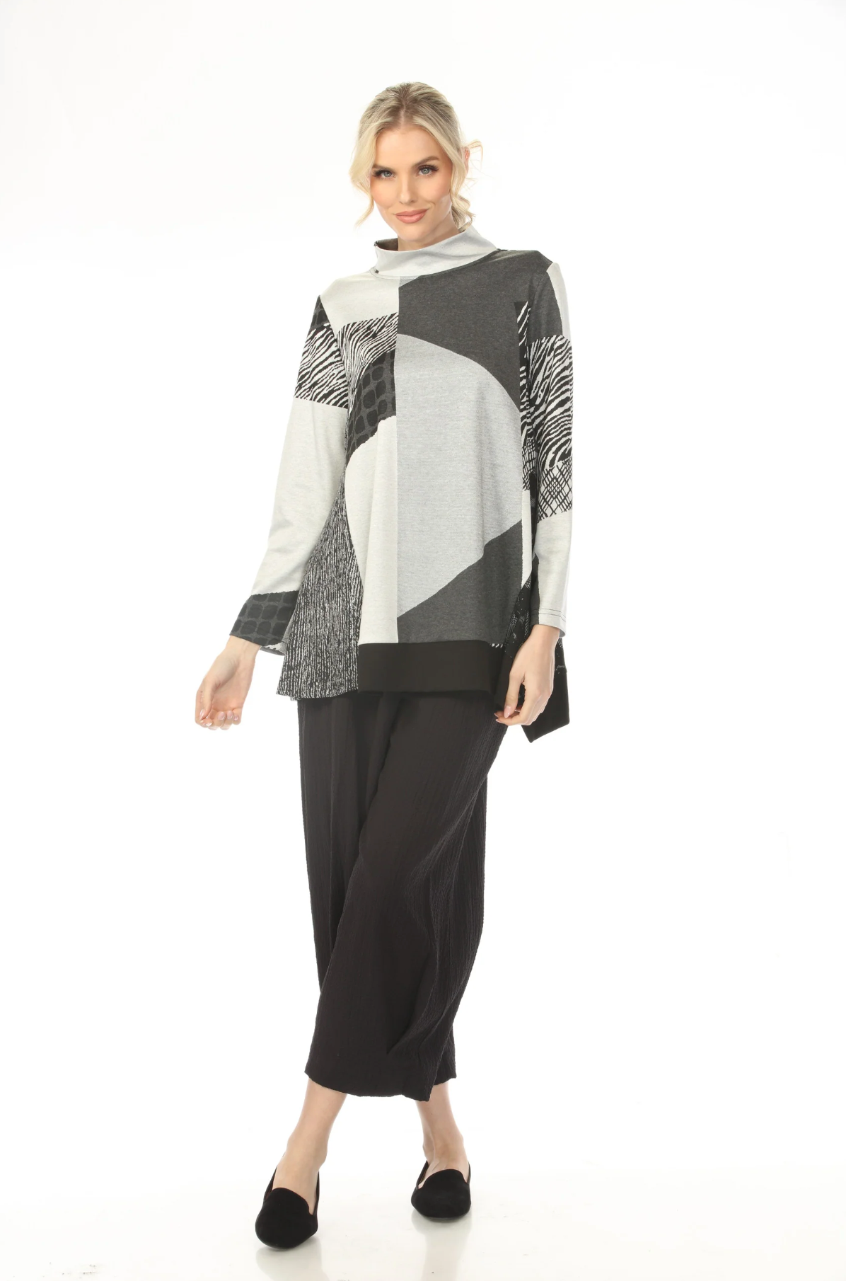 MOONLIGHT High Neck Gray & Black Mixed Media Print Top - 3182