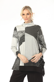 MOONLIGHT High Neck Gray & Black Mixed Media Print Top - 3182