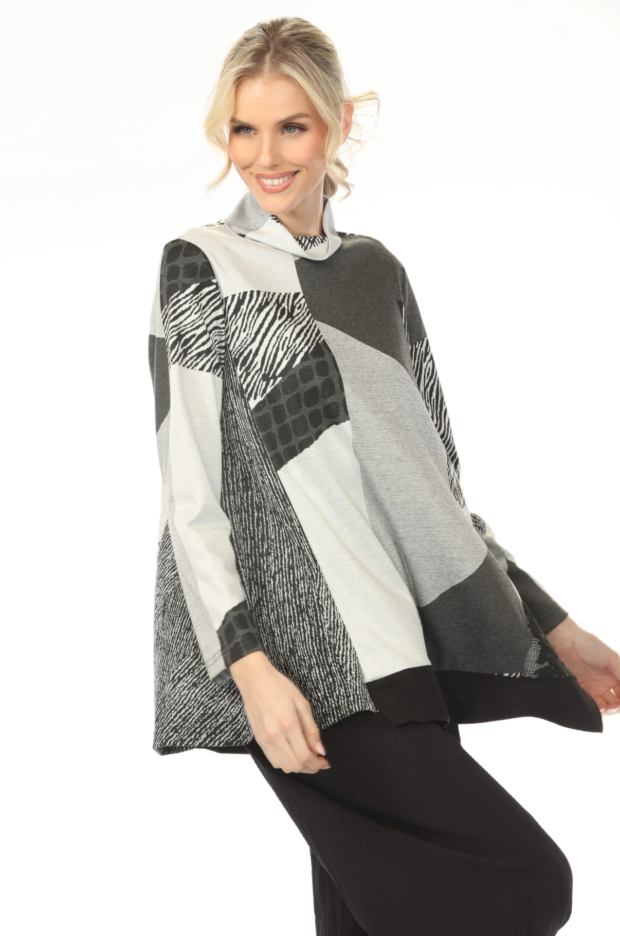 MOONLIGHT High Neck Gray & Black Mixed Media Print Top - 3182