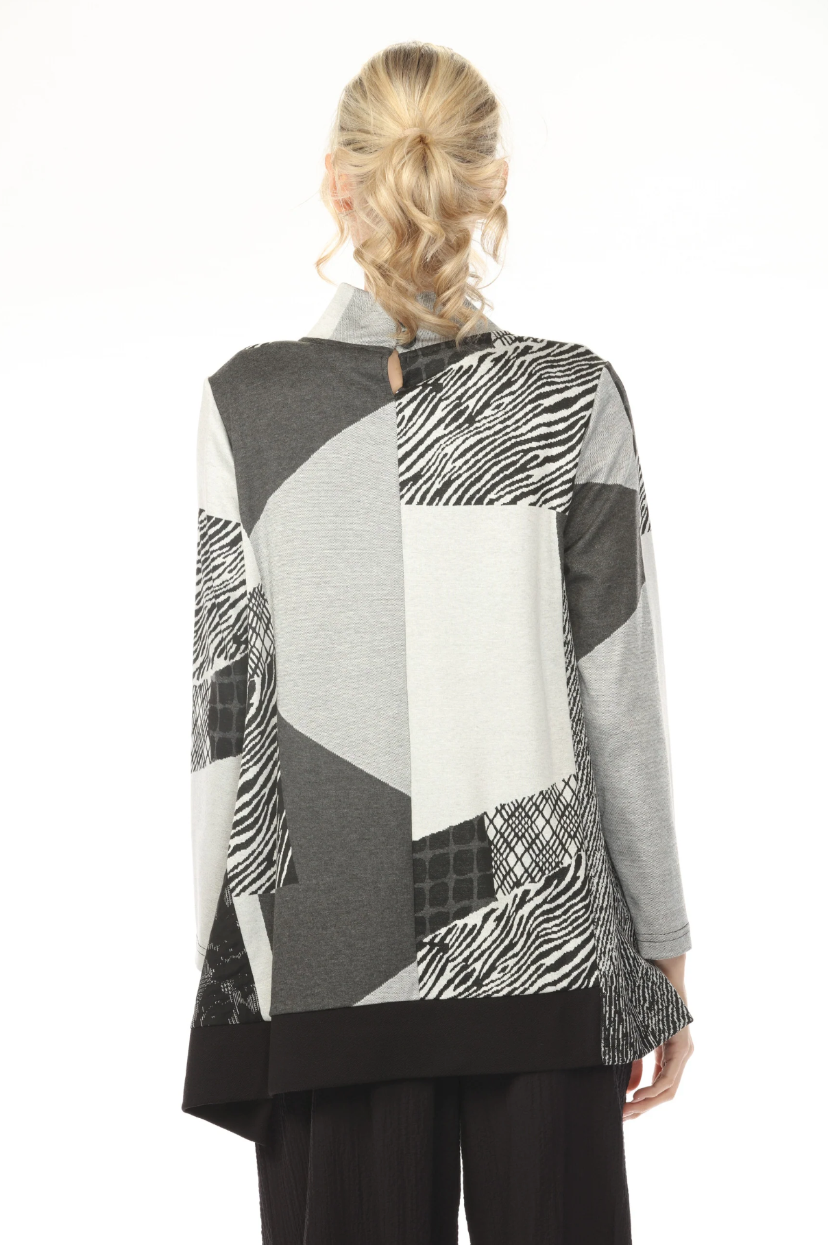 MOONLIGHT High Neck Gray & Black Mixed Media Print Top - 3182