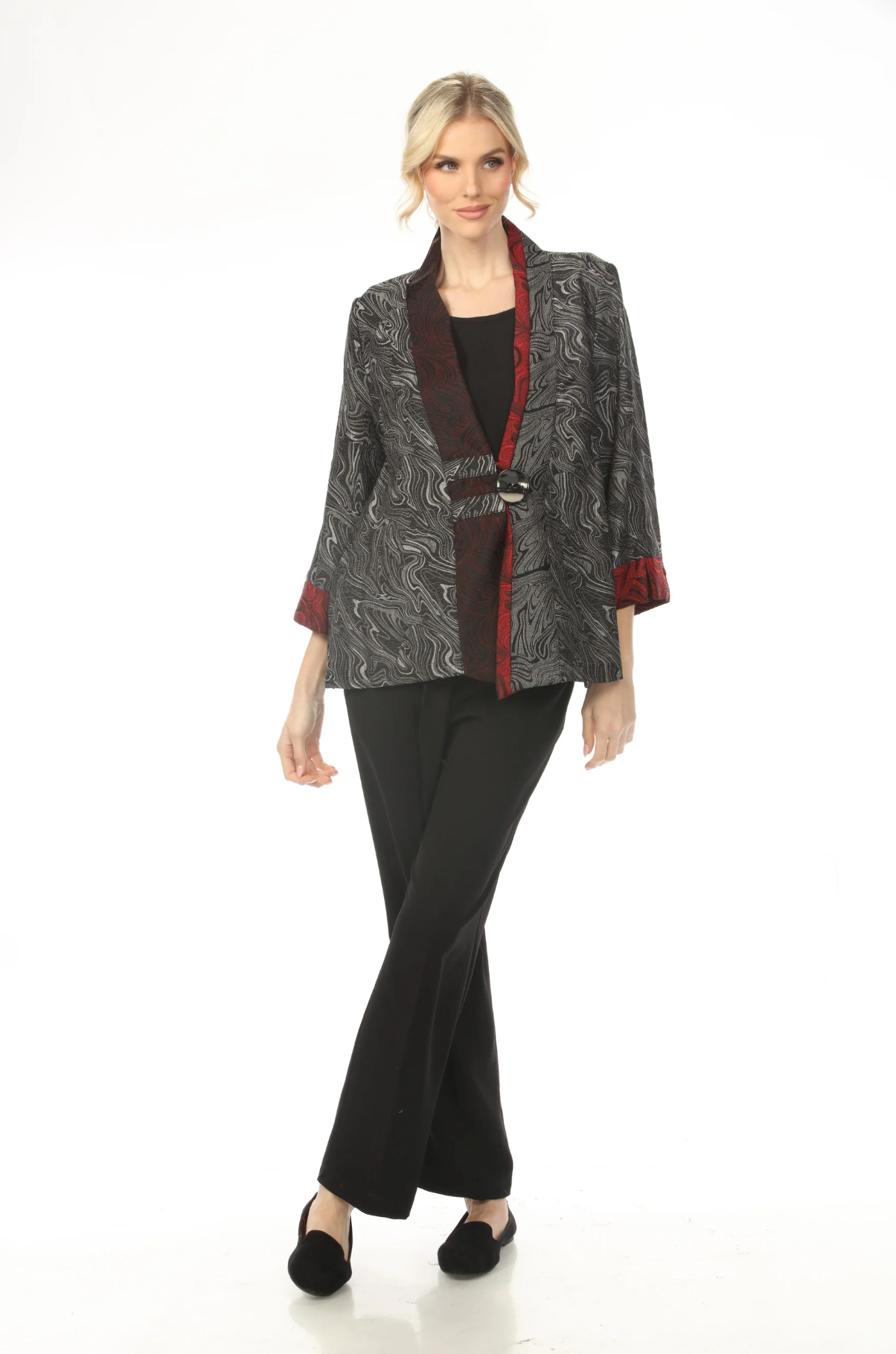 MOONLIGHT One Button Graphic Gray & Red Wave Print Jacket - 8701