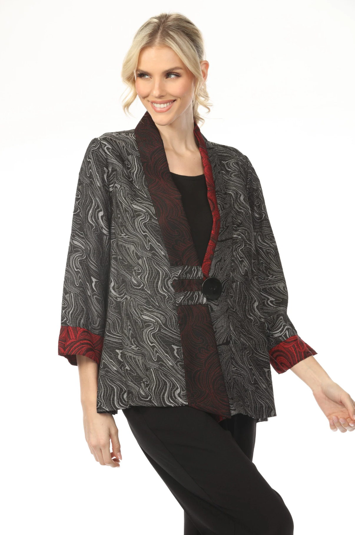 MOONLIGHT One Button Graphic Gray & Red Wave Print Jacket - 8701