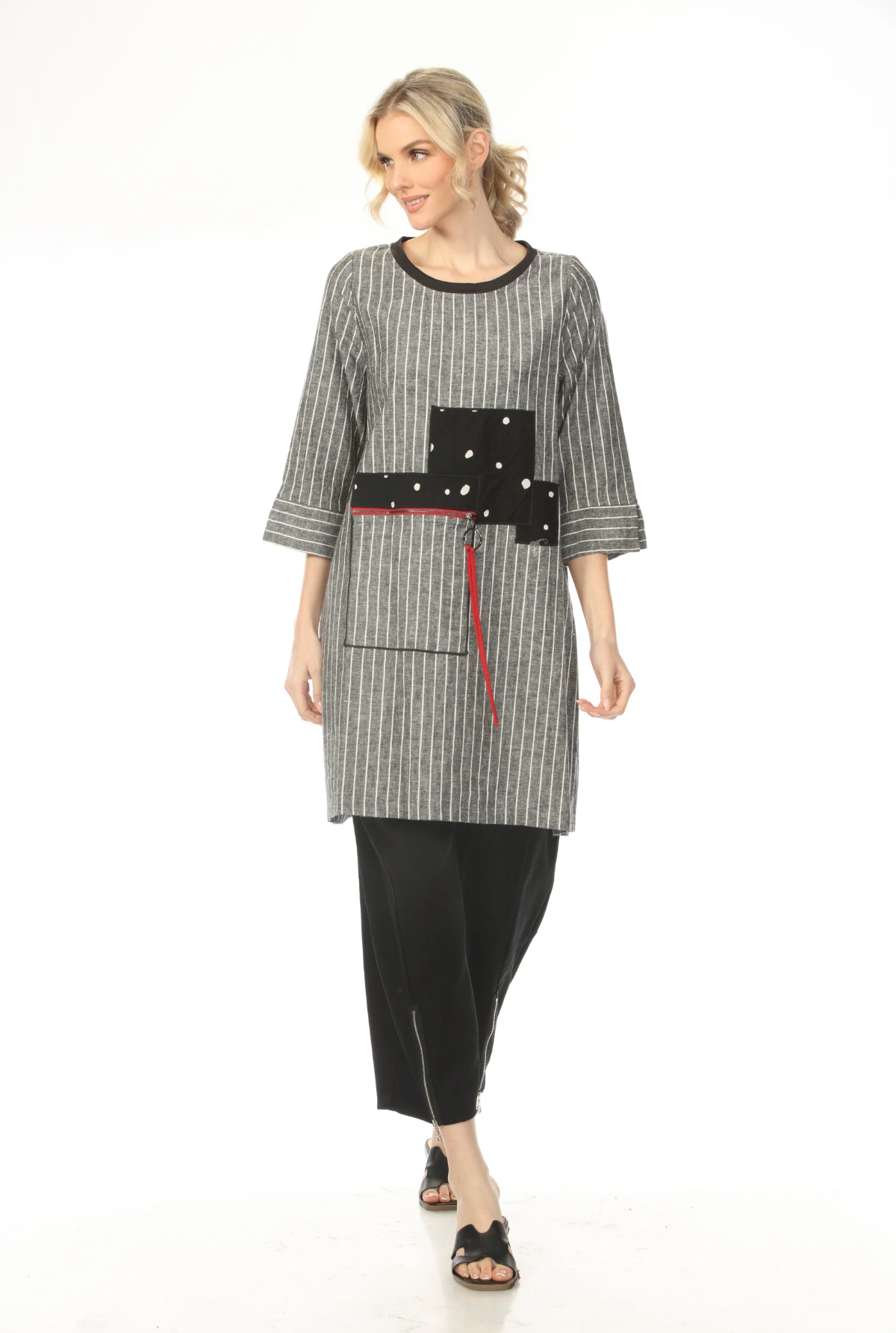 MOONLIGHT Round Neck Stripe & Dot Long Top - 2619LN