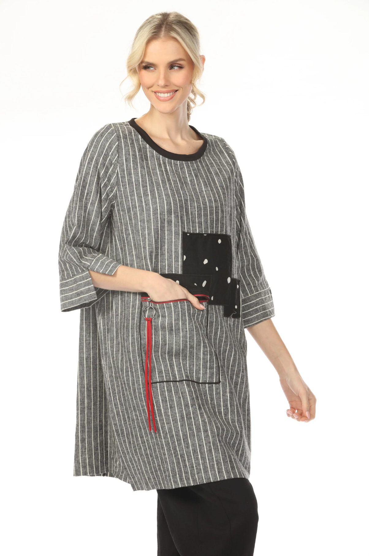 MOONLIGHT Round Neck Stripe & Dot Long Top - 2619LN