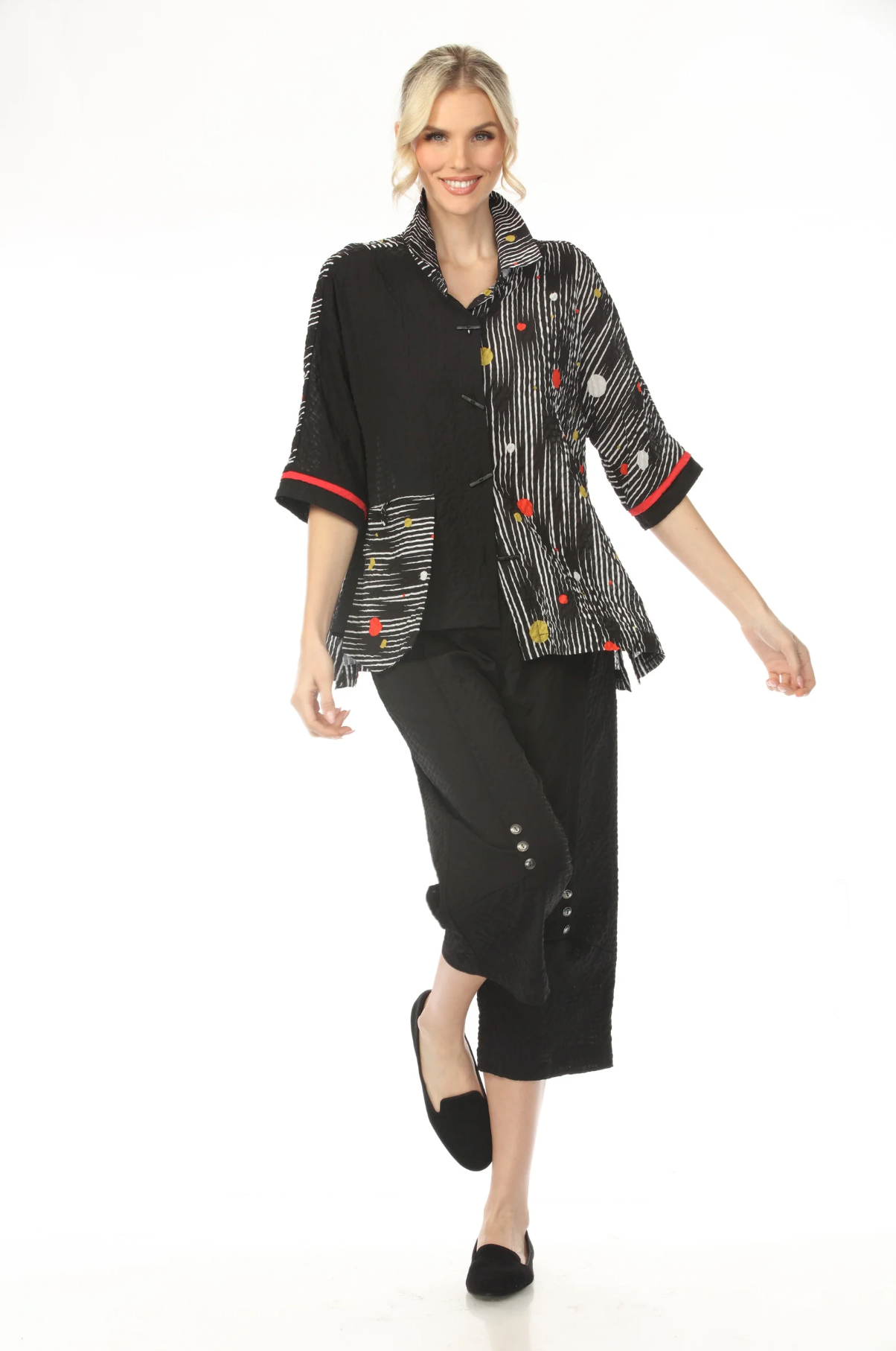 MOONLIGHT Button Down Mixed Media Stripe & Dot Print Top - 4261