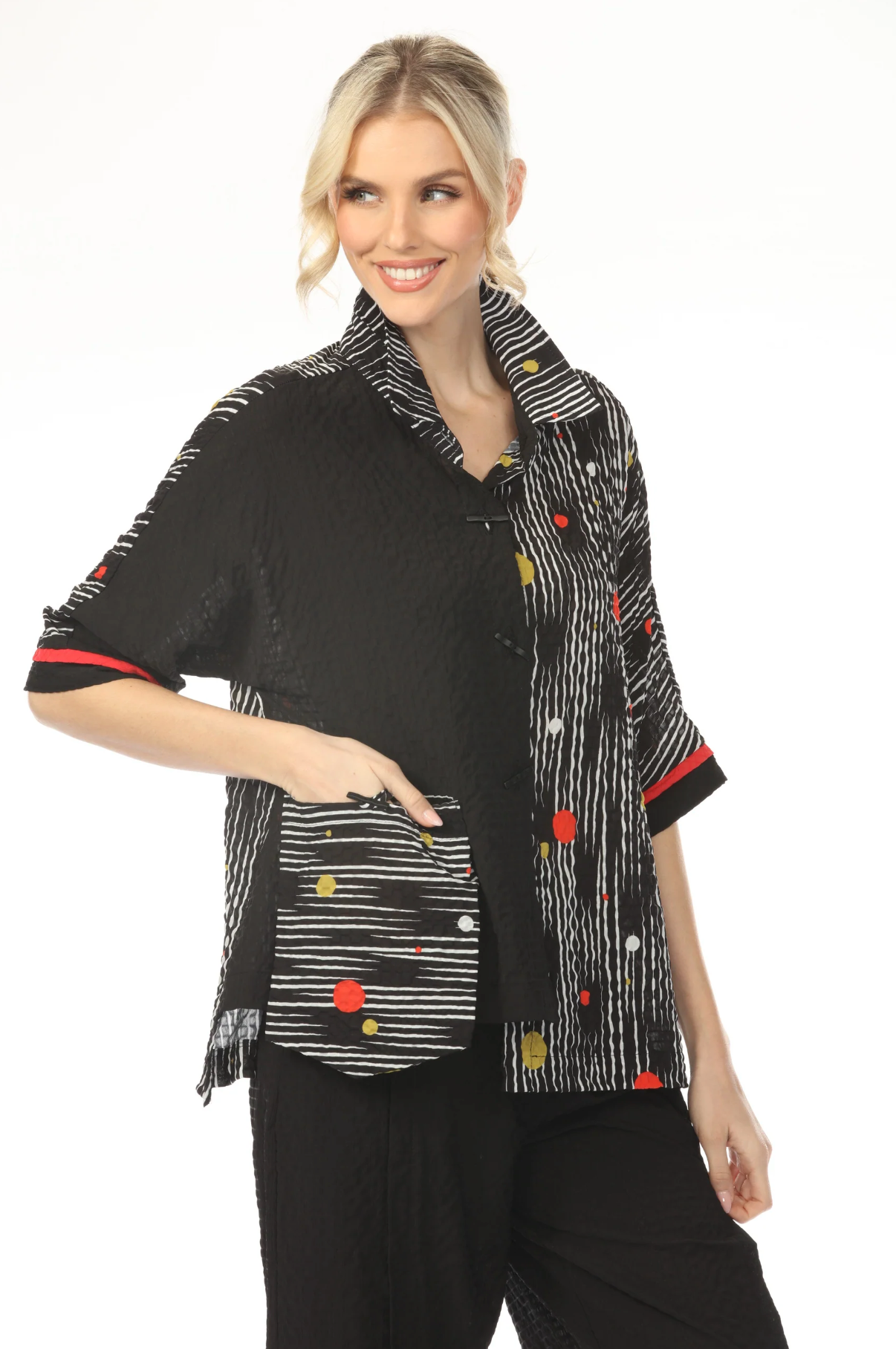 MOONLIGHT Button Down Mixed Media Stripe & Dot Print Top - 4261