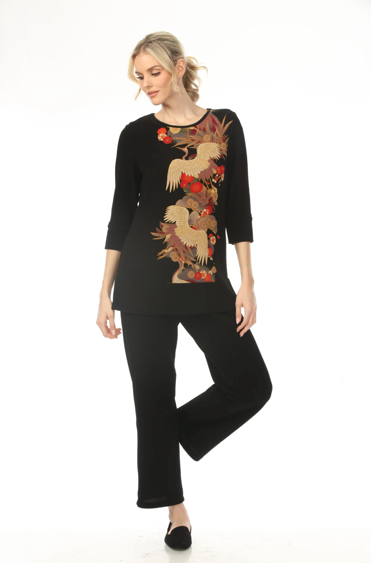 MOONLIGHT Red & Golden Crane Floral Print Top - CM91