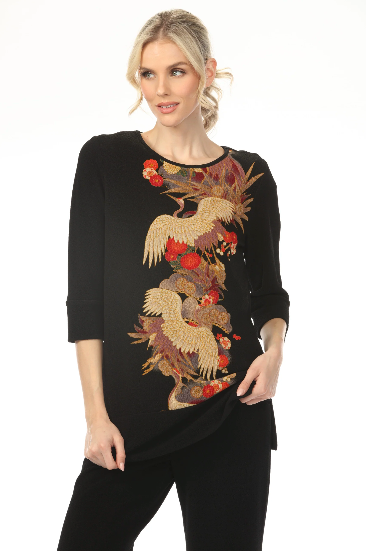 MOONLIGHT Red & Golden Crane Floral Print Top - CM91