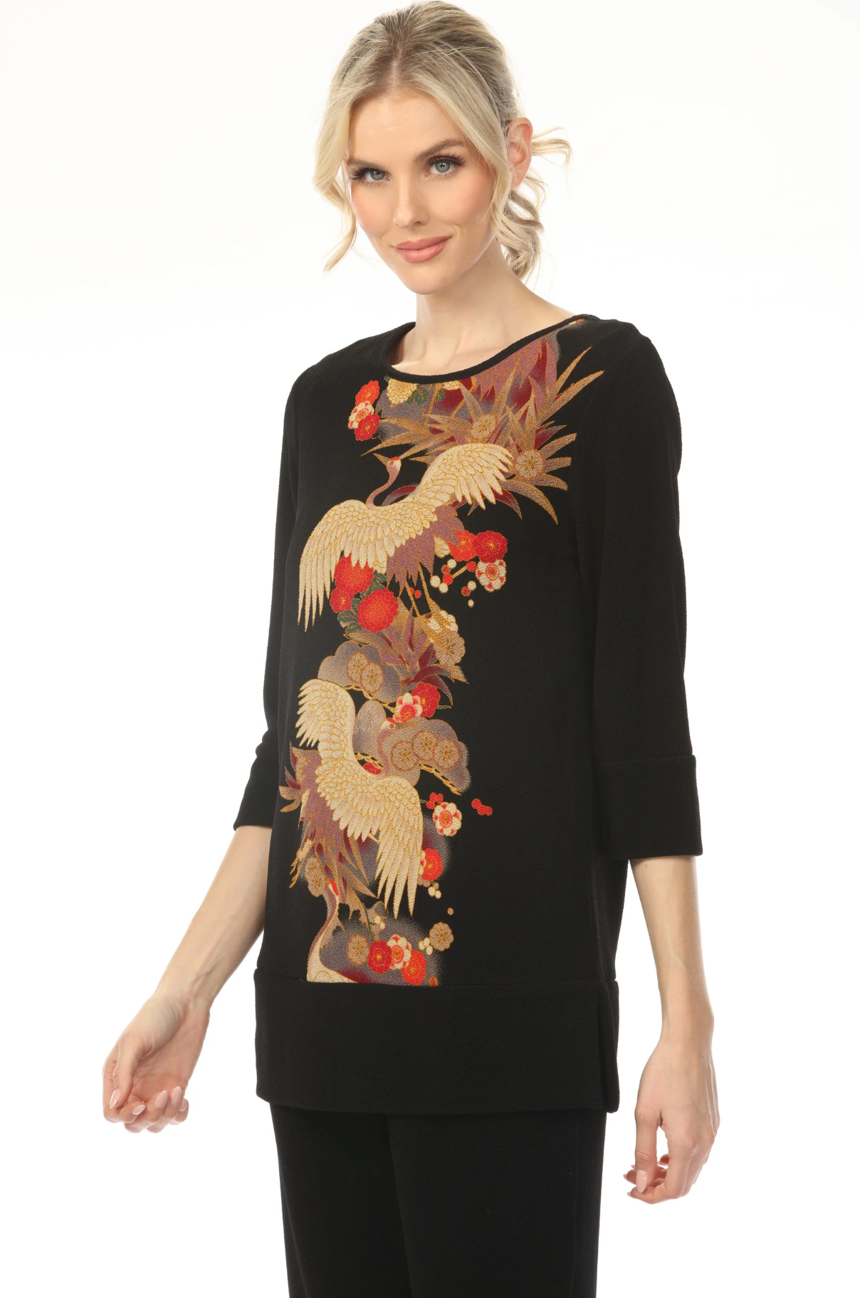 MOONLIGHT Red & Golden Crane Floral Print Top - CM91