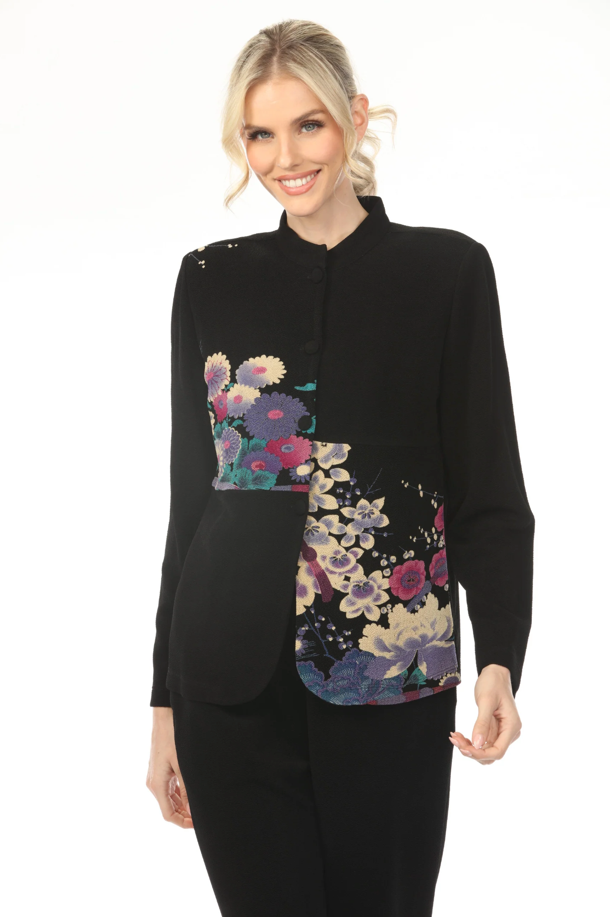 MOONLIGHT Button Down Black & Cool Tone Floral Print Top - CM20 - PURPLE GARDEN