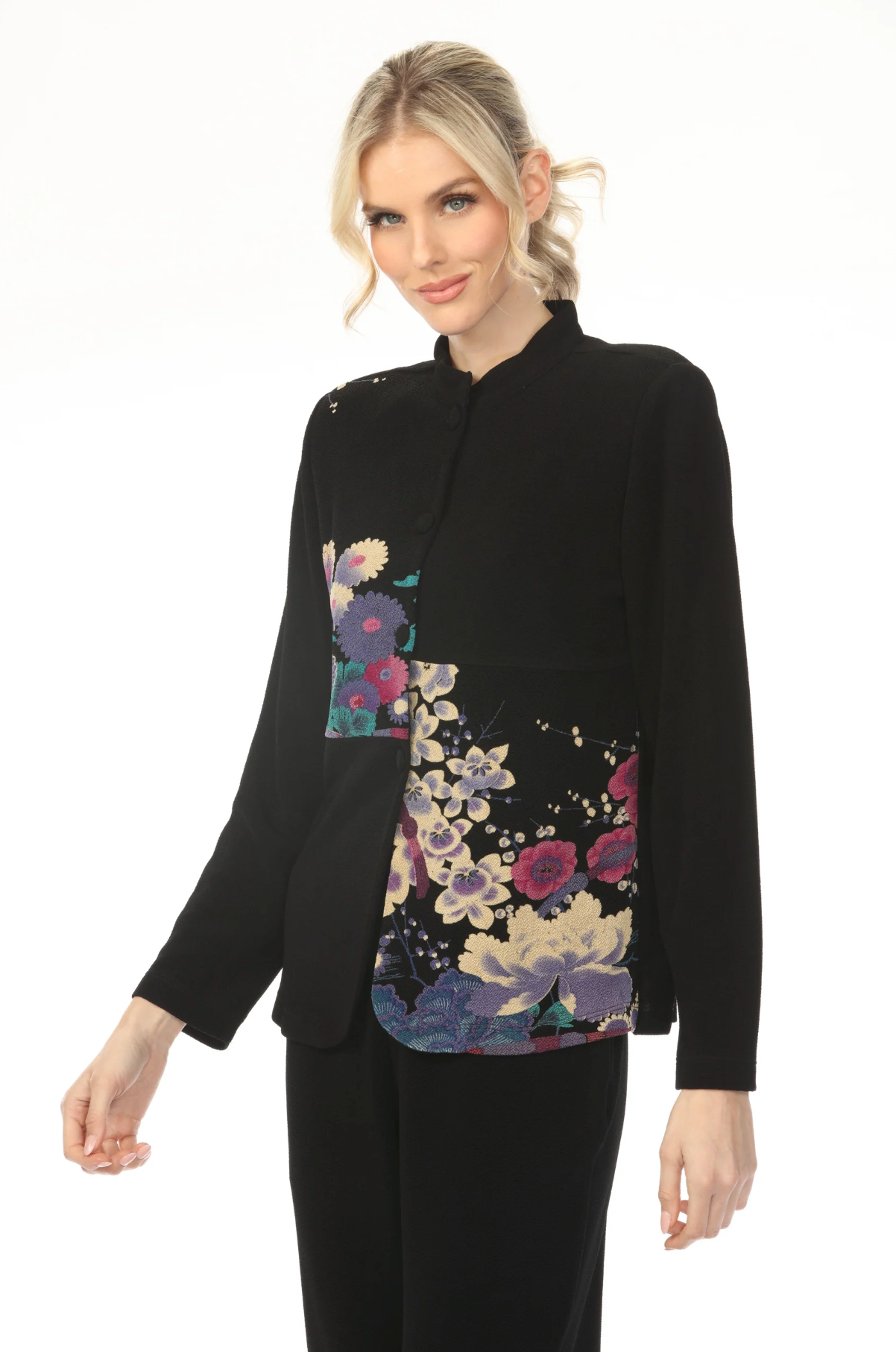 MOONLIGHT Button Down Black & Cool Tone Floral Print Top - CM20 - PURPLE GARDEN