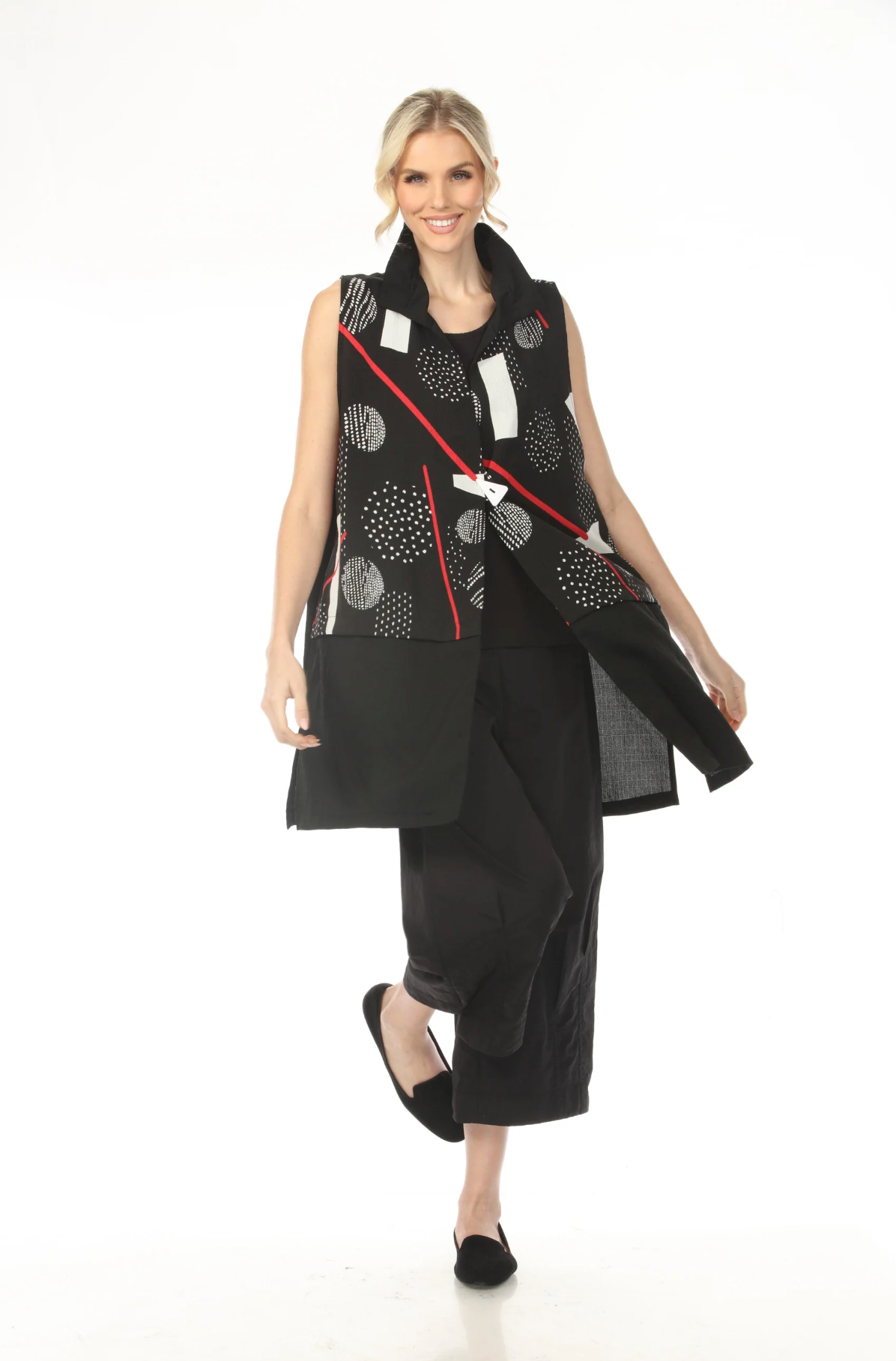 MOONLIGHT One Button Closure Black Dots & Red Accent Vest - WJ2022
