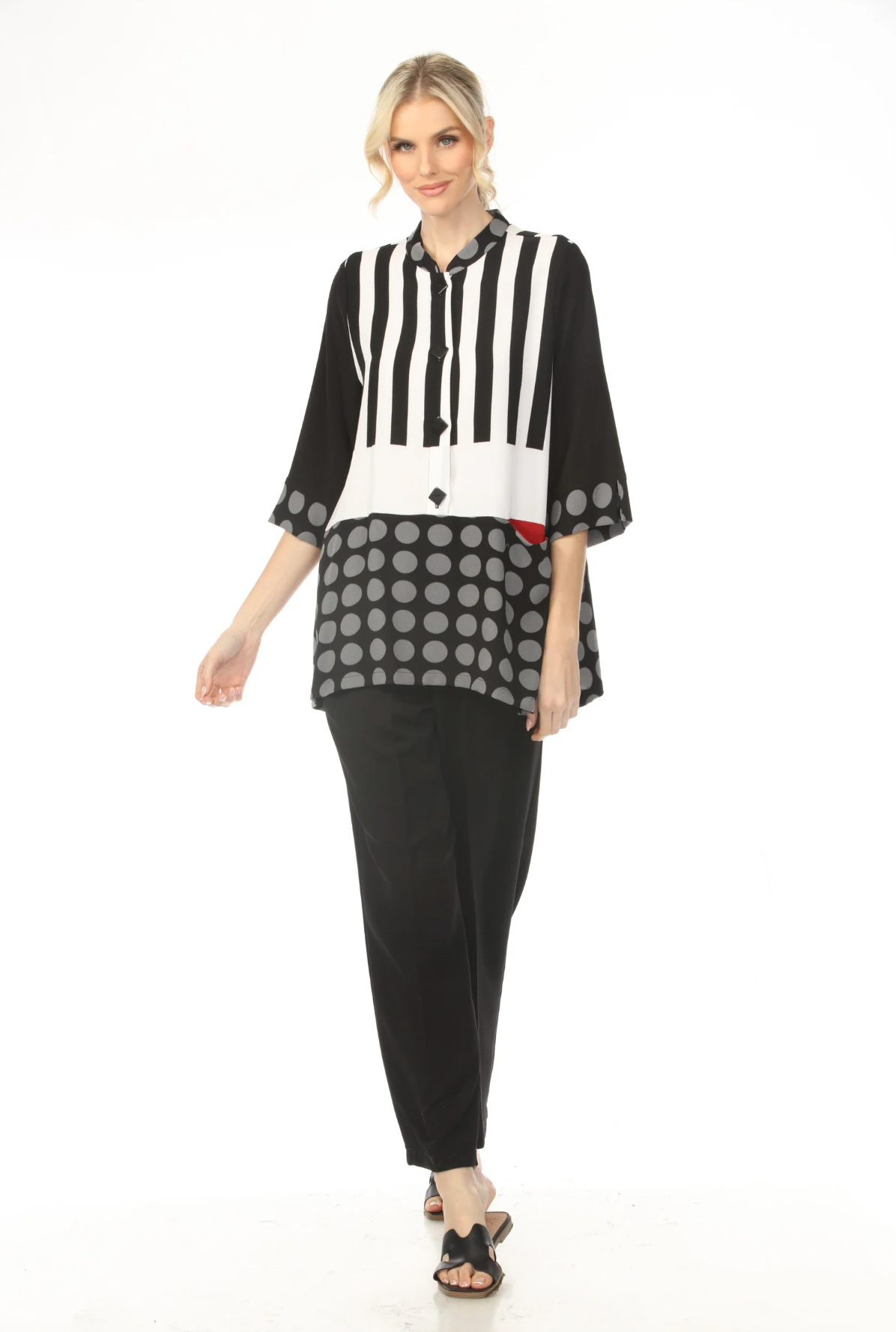MOONLIGHT Button Down Black, White & Gray Stripe & Dot Block Top - 2742