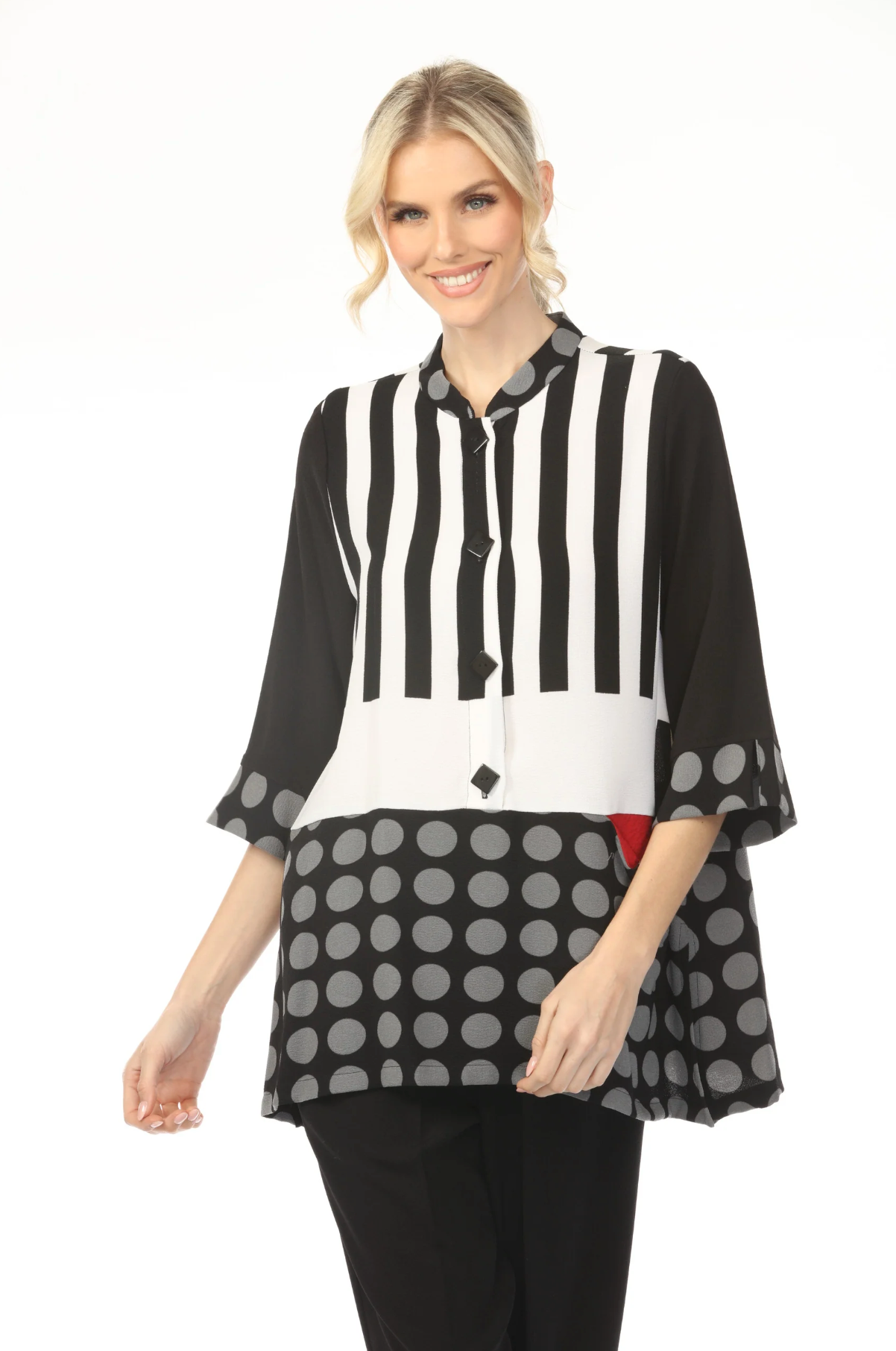 MOONLIGHT Button Down Black, White & Gray Stripe & Dot Block Top - 2742