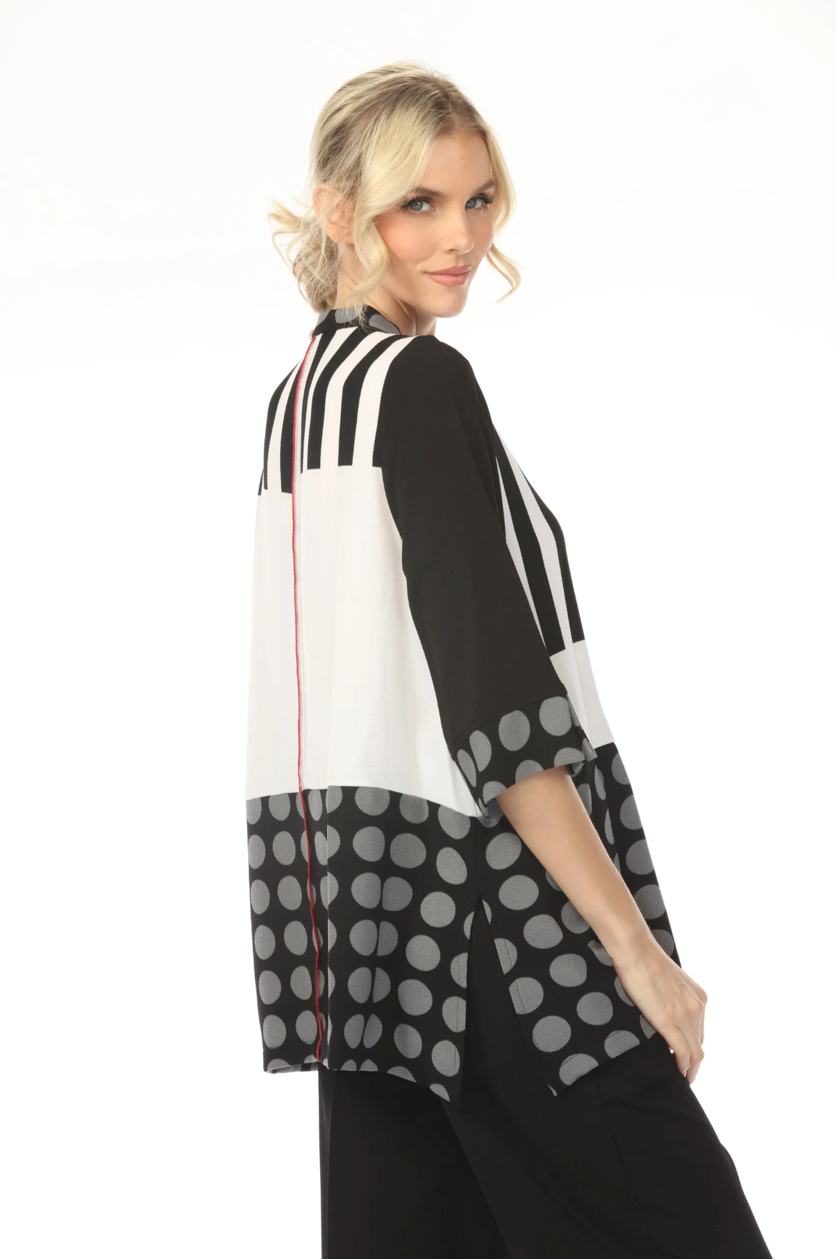 MOONLIGHT Button Down Black, White & Gray Stripe & Dot Block Top - 2742