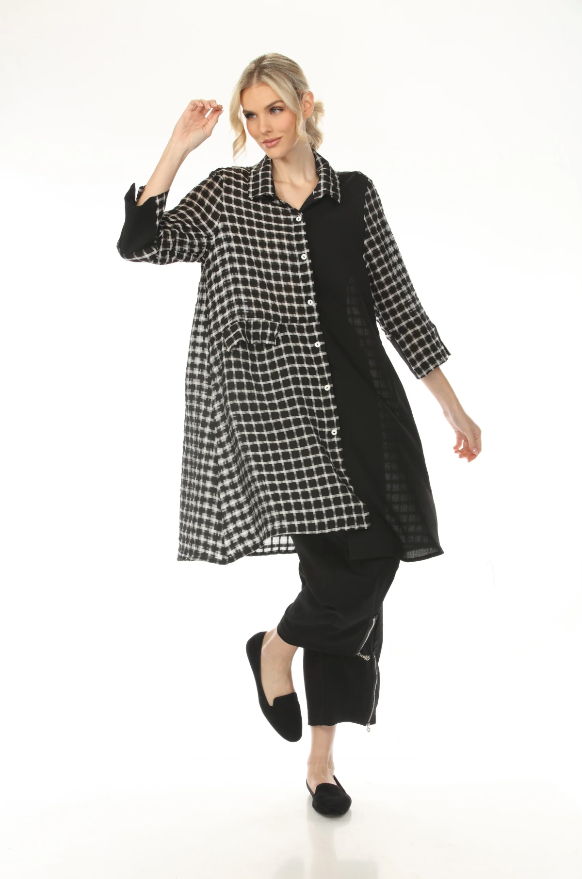 MOONLIGHT Button Down Split Black & Grid Print Top - WJ2038