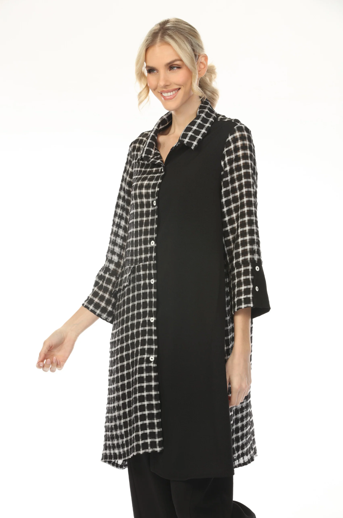 MOONLIGHT Button Down Split Black & Grid Print Top - WJ2038