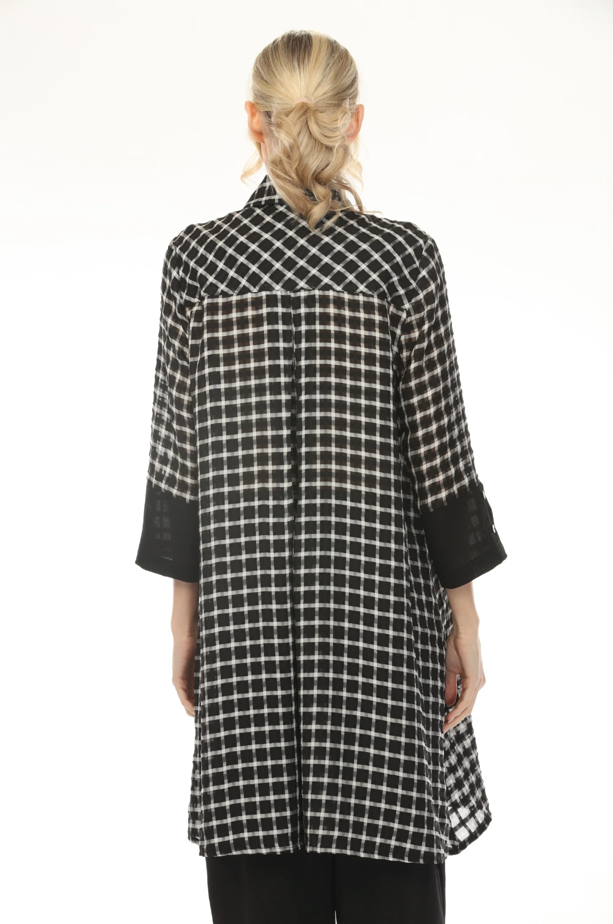 MOONLIGHT Button Down Split Black & Grid Print Top - WJ2038