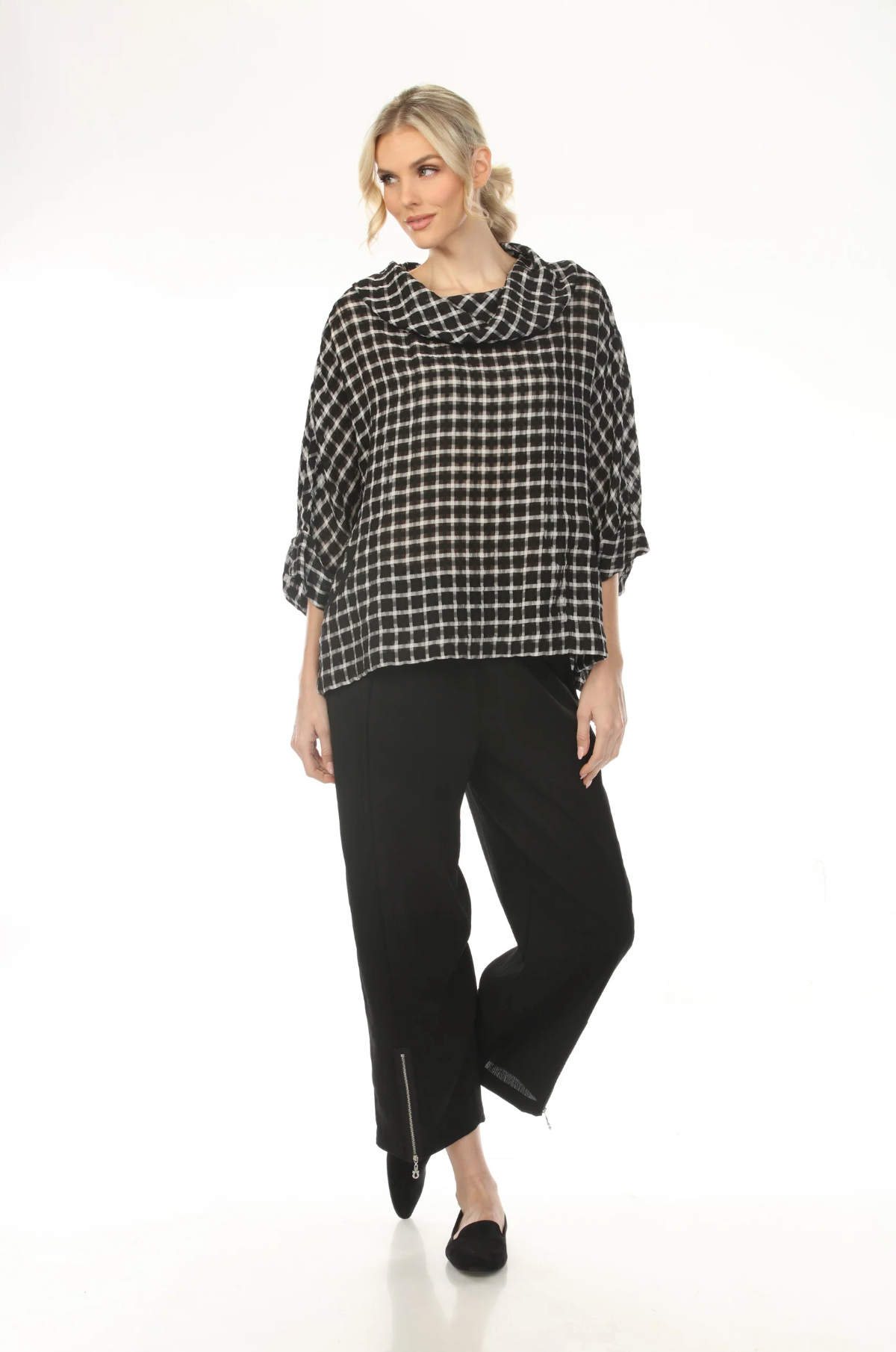 MOONLIGHT Cowl Neck Black & White Grid Print Top - 4233