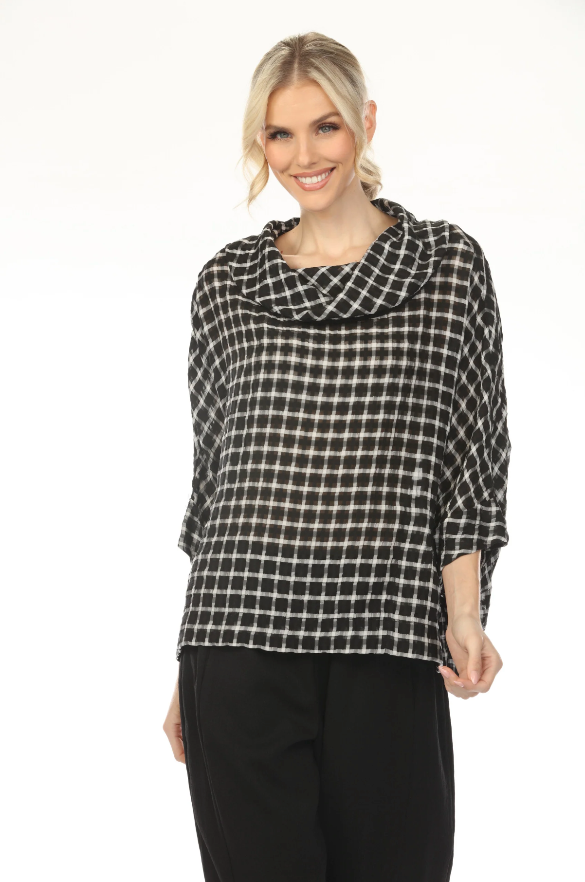 MOONLIGHT Cowl Neck Black & White Grid Print Top - 4233
