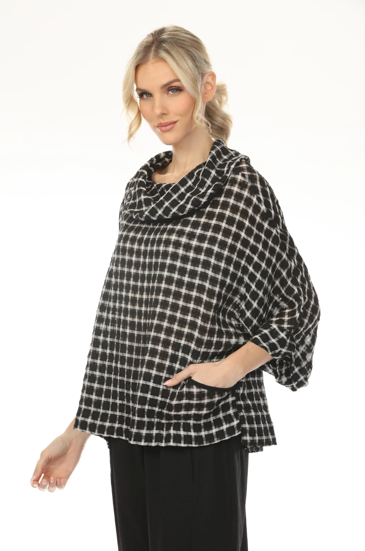MOONLIGHT Cowl Neck Black & White Grid Print Top - 4233