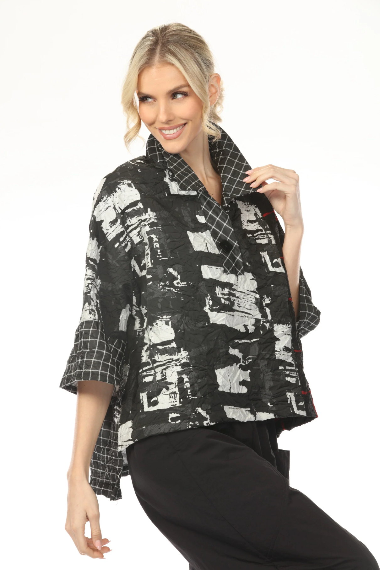 MOONLIGHT One Button High Neck Mixed Media Jacket - 4238