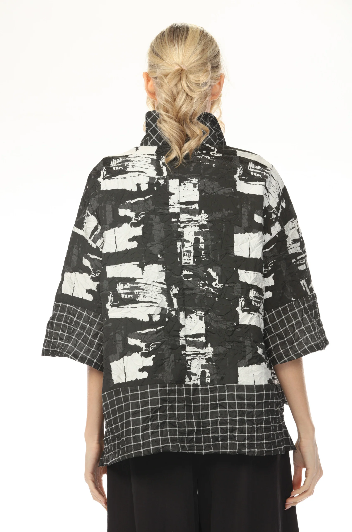 MOONLIGHT One Button High Neck Mixed Media Jacket - 4238