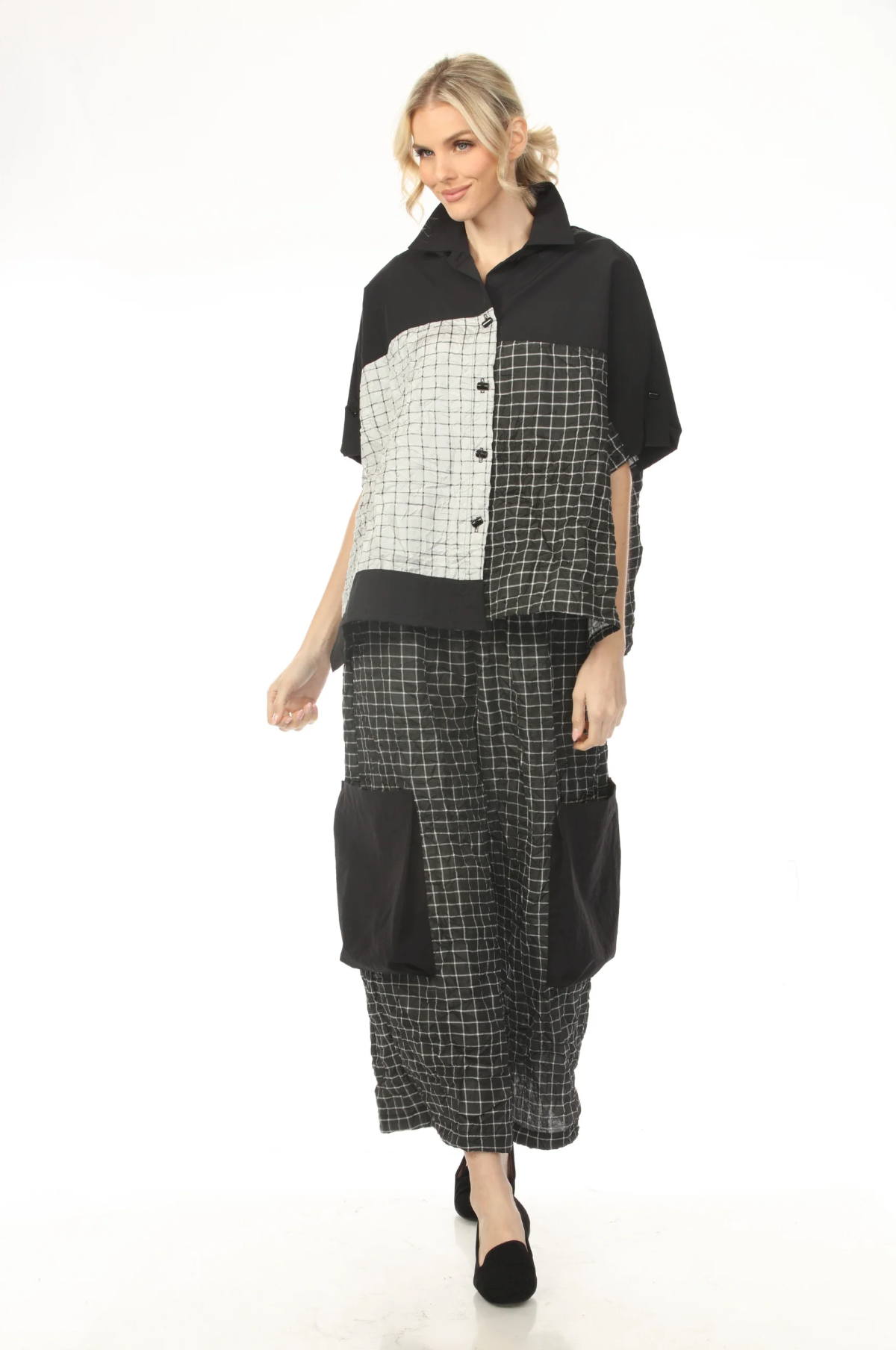 MOONLIGHT High Neck Black & White Block Grid Print Top - 4235
