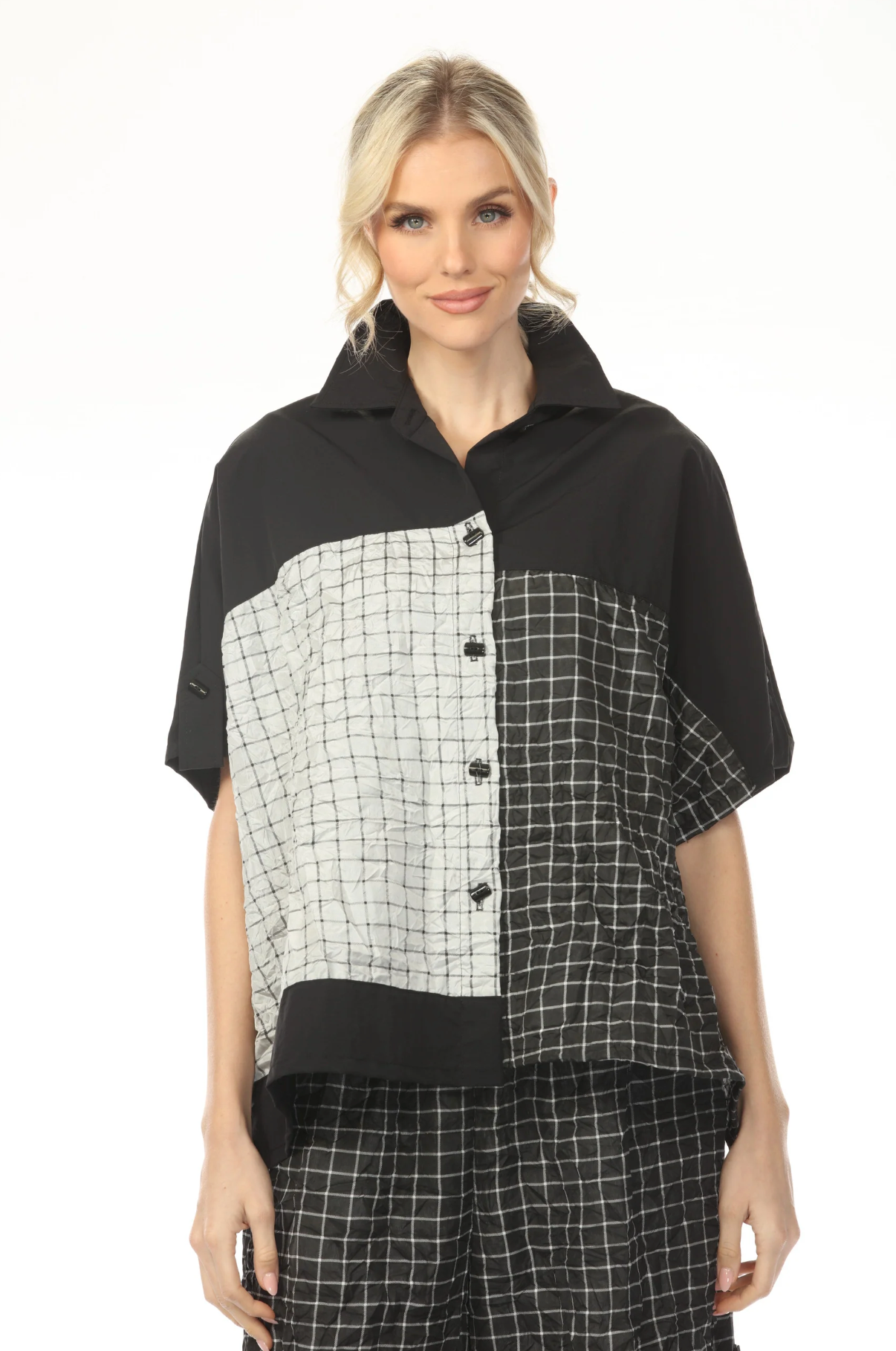 MOONLIGHT High Neck Black & White Block Grid Print Top - 4235