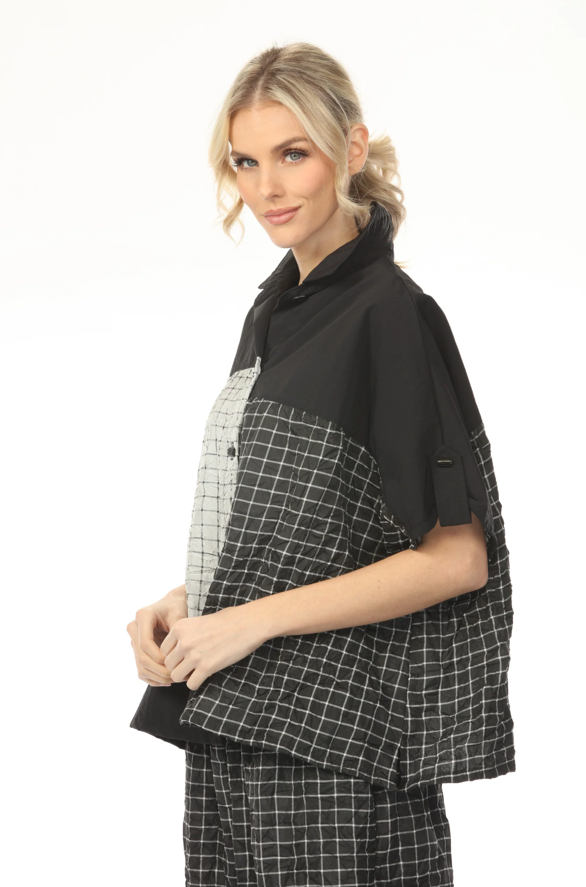 MOONLIGHT High Neck Black & White Block Grid Print Top - 4235