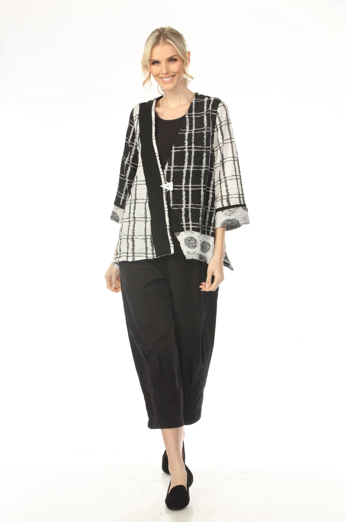 MOONLIGHT One Button Closure Black & White Block Grid Top - 4257