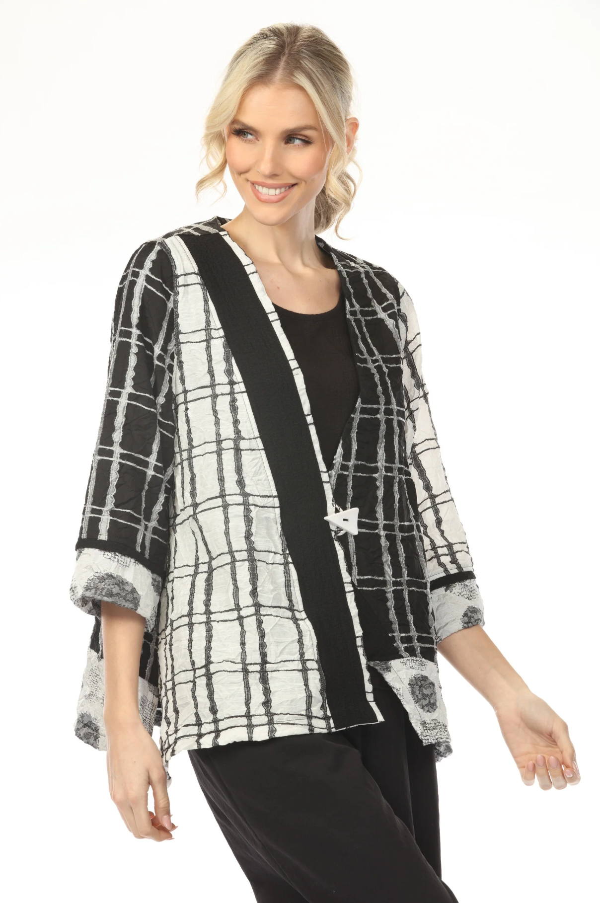 MOONLIGHT One Button Closure Black & White Block Grid Top - 4257
