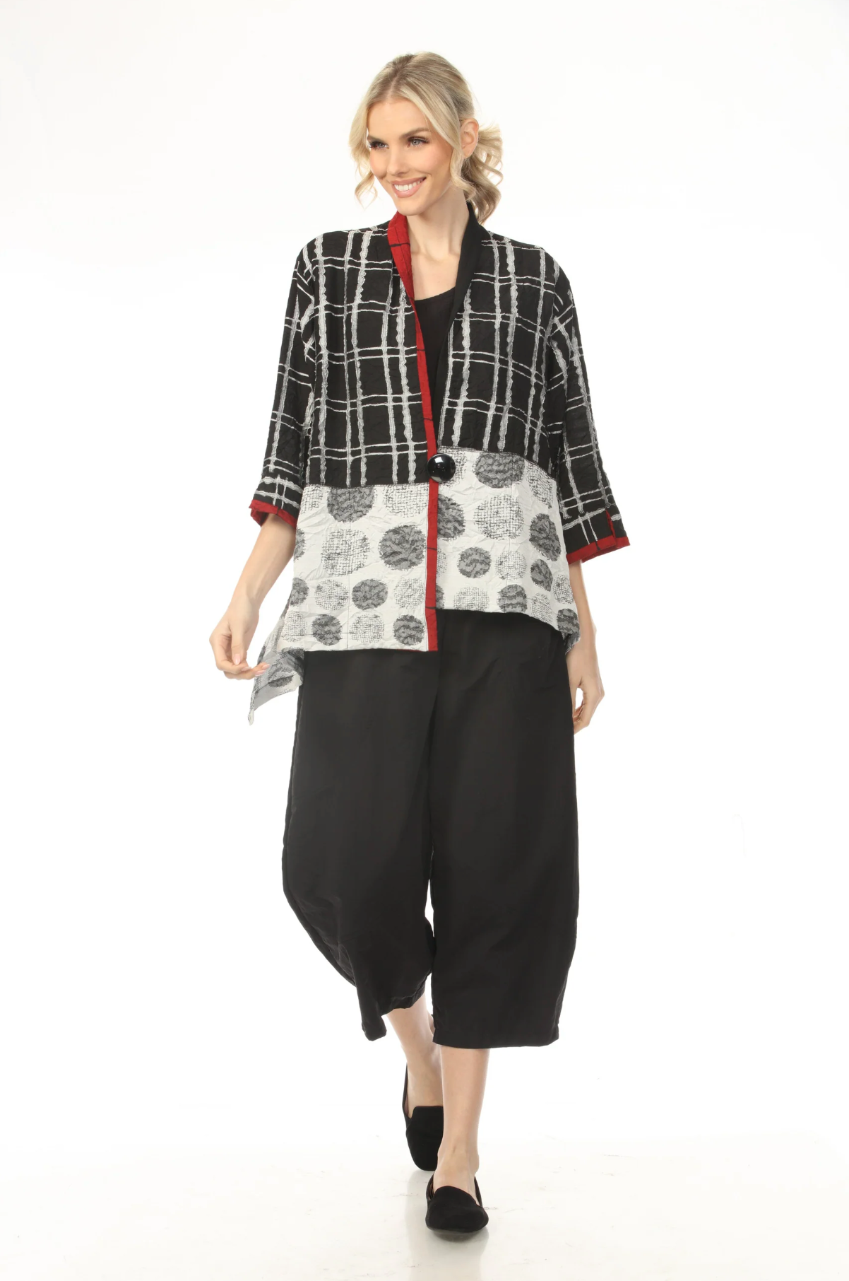 MOONLIGHT One Button Closure Grid & Dot Print Top - 4258