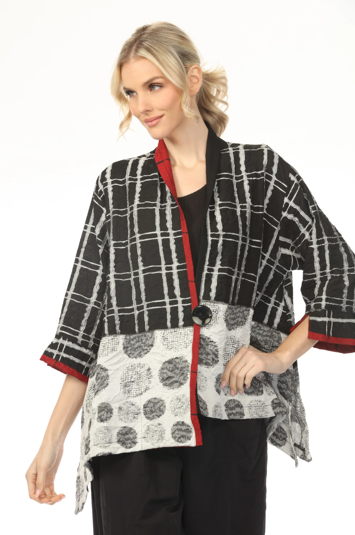 MOONLIGHT One Button Closure Grid & Dot Print Top - 4258